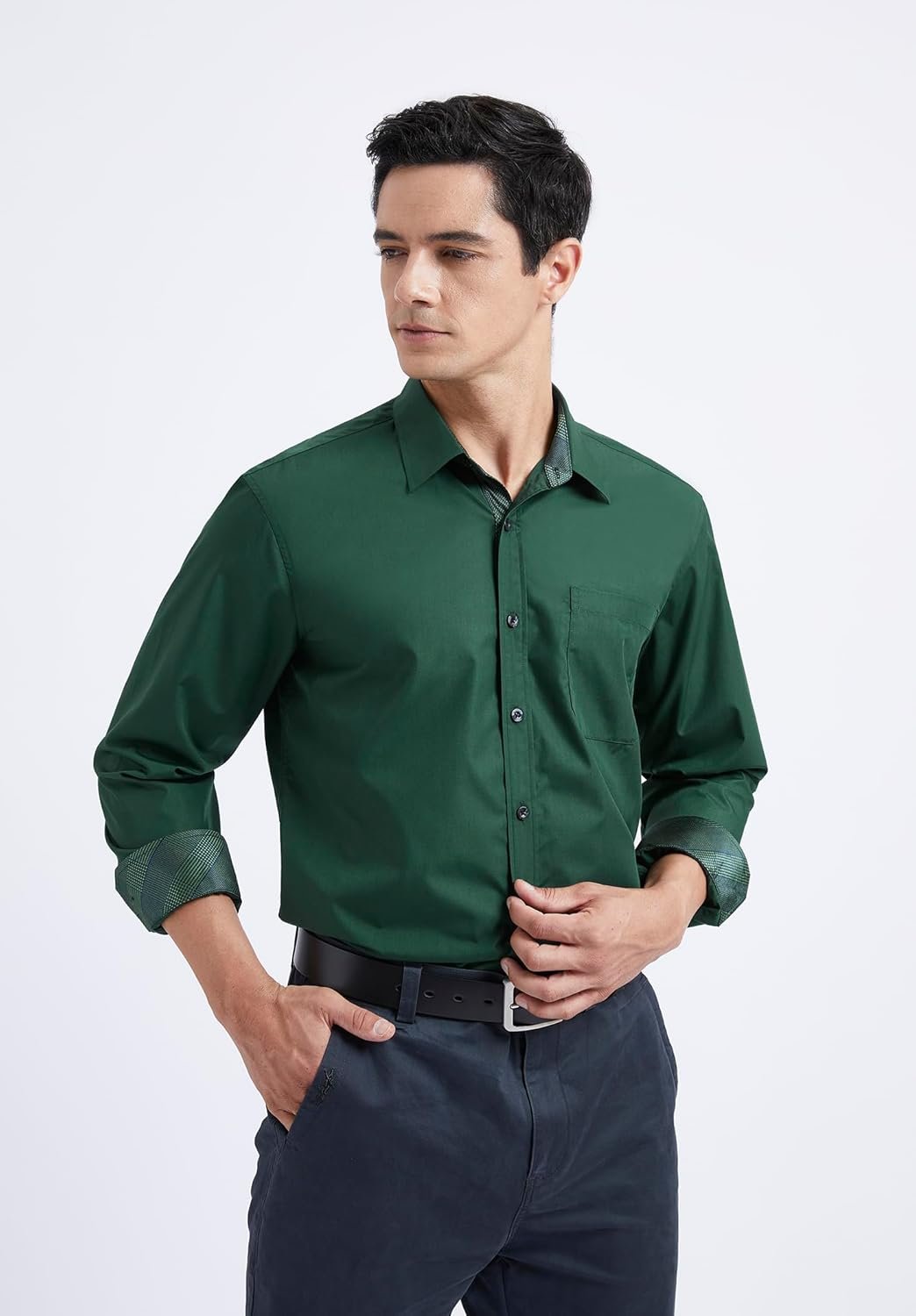 HISDERN Mens Business Dress Shirts Long Sleeve Casual Button Down Shirt Formal Inner Collar Contrast Shirt for Men Wedding - Image 5