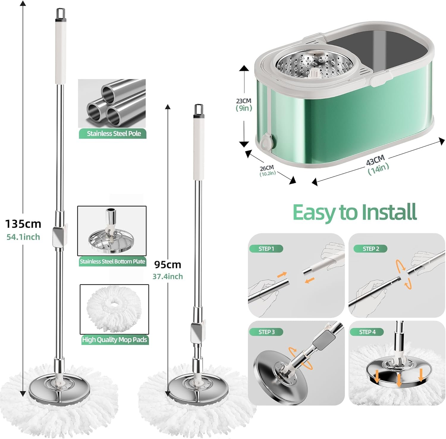 Spin Mop and Bucket Set for Cleaning Extra Refills Microfiber Heads, Colorful Spin Mop and Bucket 360 Rotatable Adjustable Cleaning Mop (Green) - Image 8