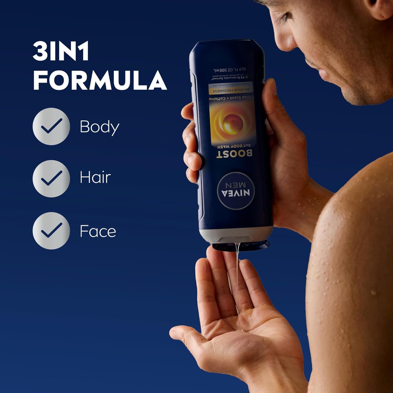 NIVEA MEN Boost Body Wash, Citrus Scent and Caffeine Enriched, 3-in-1 Men's Body Wash, Face and Hair, Paraben Free, Vegan Formula, 16.9 Fl Oz Bottle, Pack of 3 - Image 3