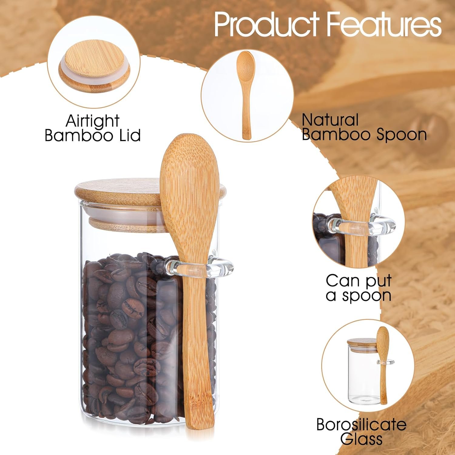 Set of 8 Airtight Glass Jars with Bamboo Lids and Spoons, Glass Food Storage Jars Perfect for Coffee, Tea, Sugar, Spices, Beans, and More - Image 4