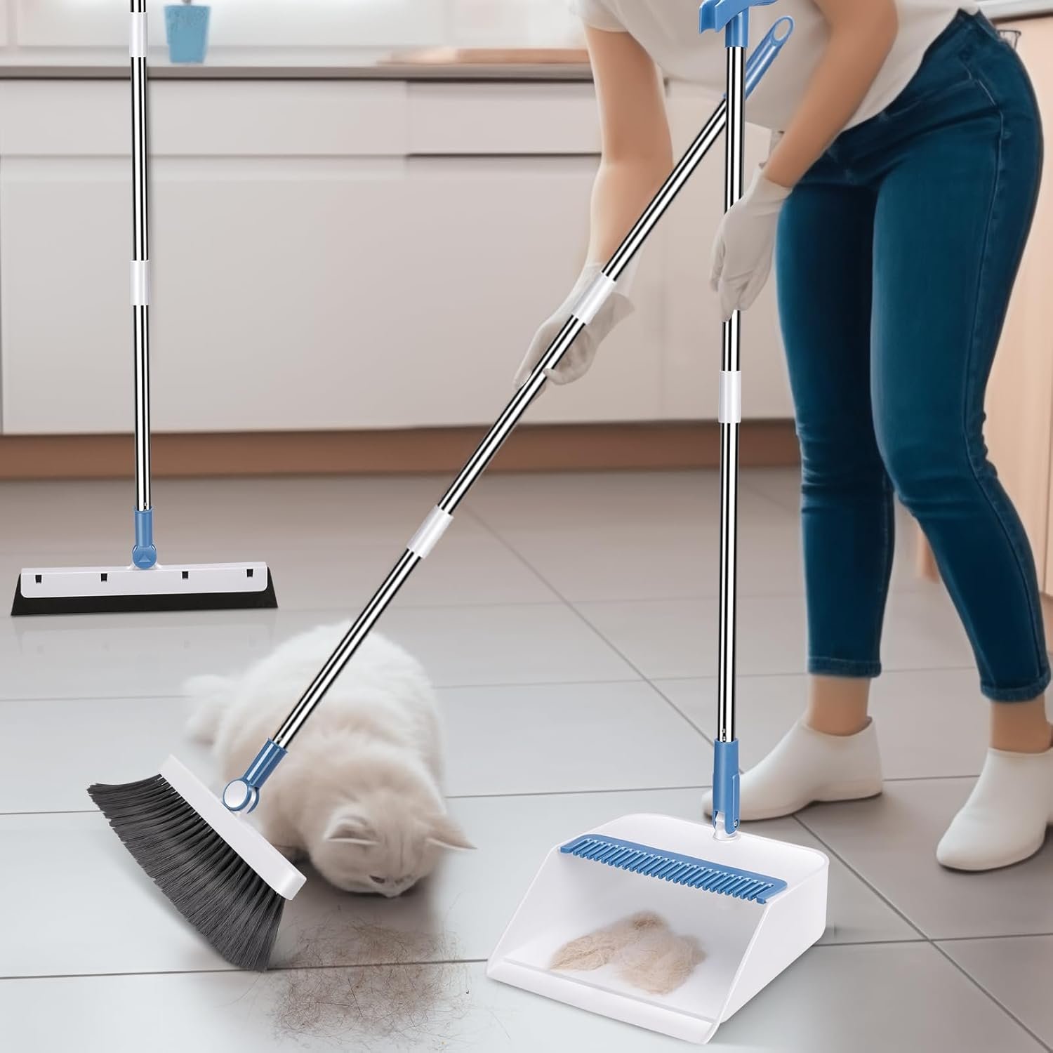 Broom and Dustpan Set,Masthome Long Handle Broom and Dustpan Set,Squeegee Broom and Brooms for Sweeping Indoor Set,Broom with Stand Up Dustpan Combo Set for Home, Office, Lobby (Blue+White) - Image 8