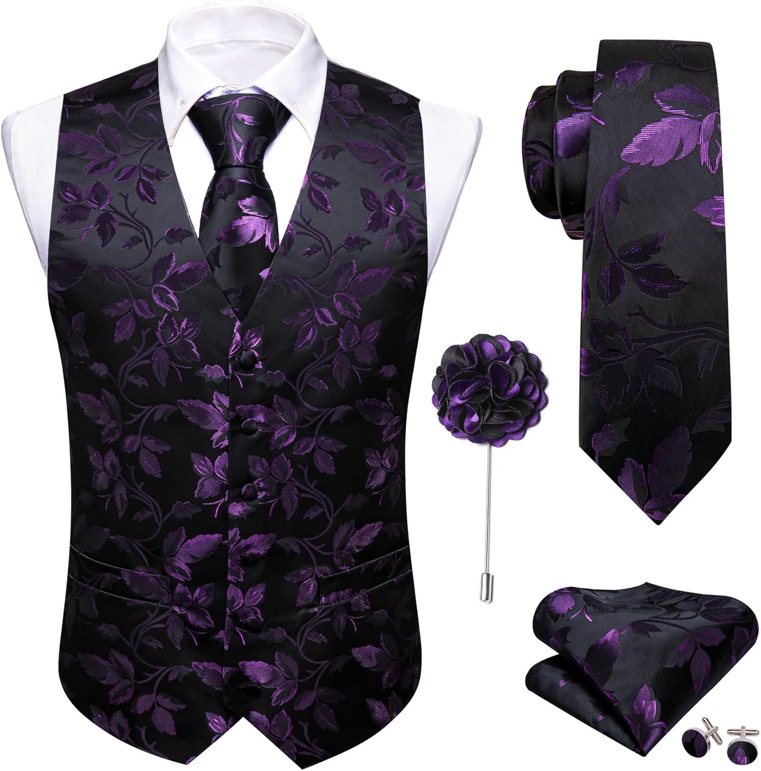 Barry.Wang Formal Men Flower Vest Paisley Jacquard Silk Ties Suit Waistcoat Set Wedding 5PCS - Image 2