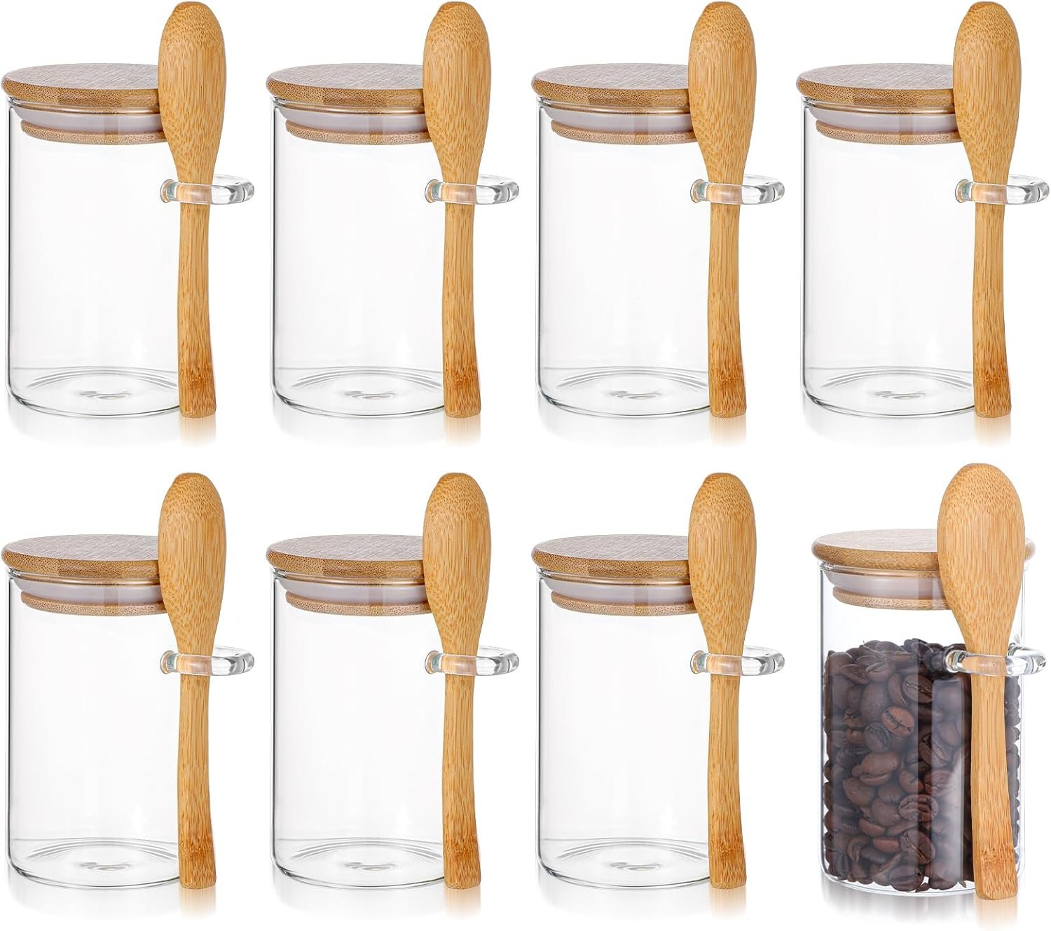 Set of 8 Airtight Glass Jars with Bamboo Lids and Spoons, Glass Food Storage Jars Perfect for Coffee, Tea, Sugar, Spices, Beans, and More - Image 2