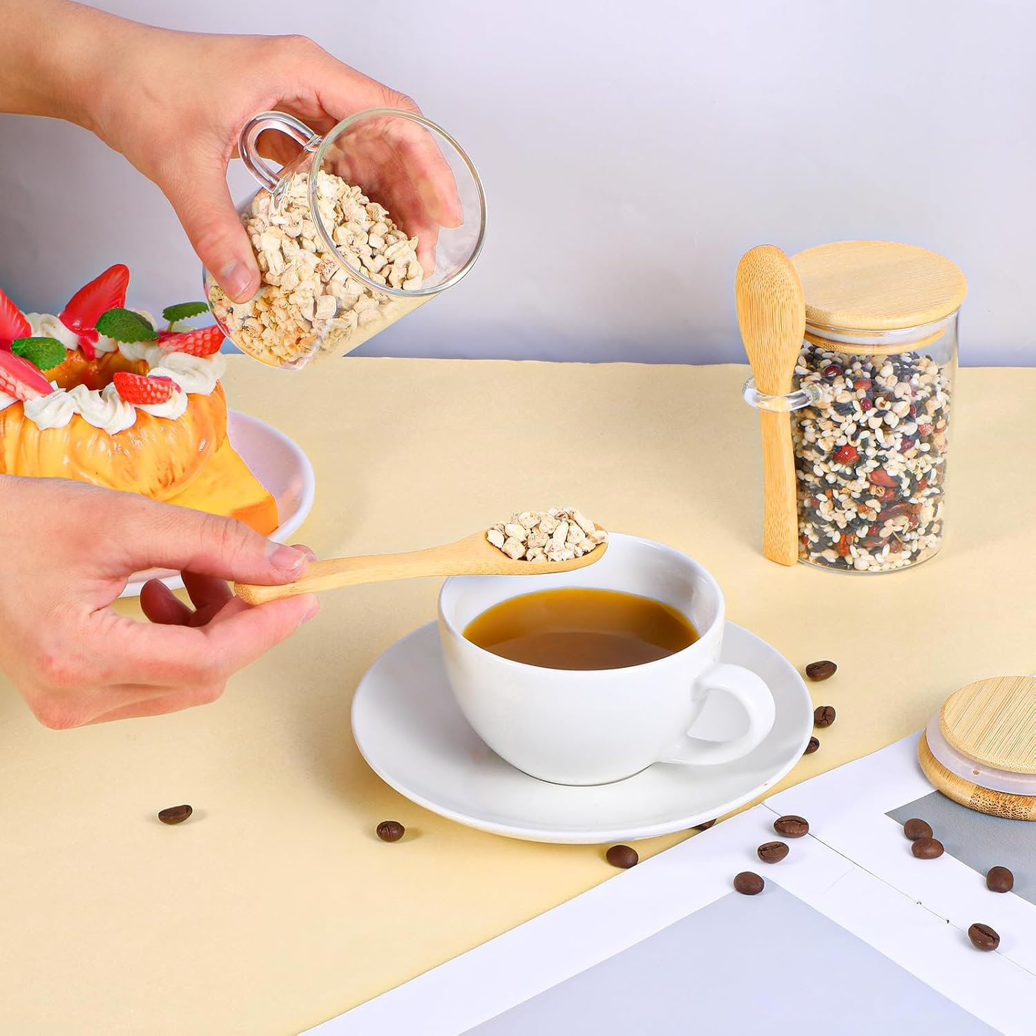 Set of 8 Airtight Glass Jars with Bamboo Lids and Spoons, Glass Food Storage Jars Perfect for Coffee, Tea, Sugar, Spices, Beans, and More - Image 6