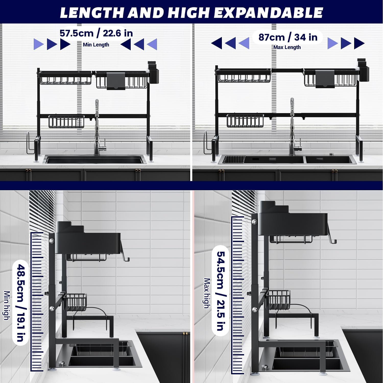 ADBIU Over The Sink Dish Drying Rack (Expandable Height and Length) Snap-On Design 2 Tier Large Dish Rack - Image 3