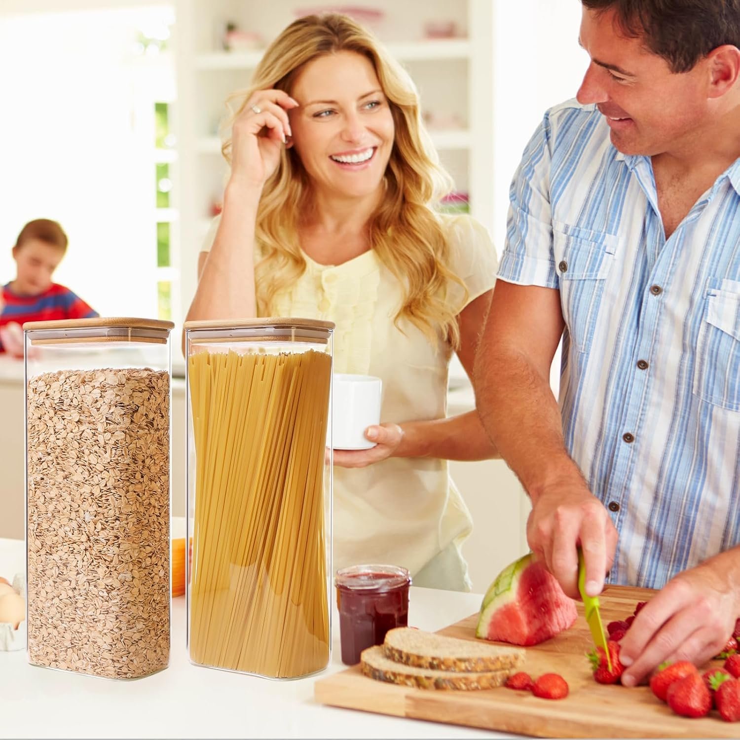 Glass Storage Containers with Airtight Lids, 71 oz Square Jars, Set of 3, for Pantry Organization, Coffee, Sugar, Cereal - Image 3