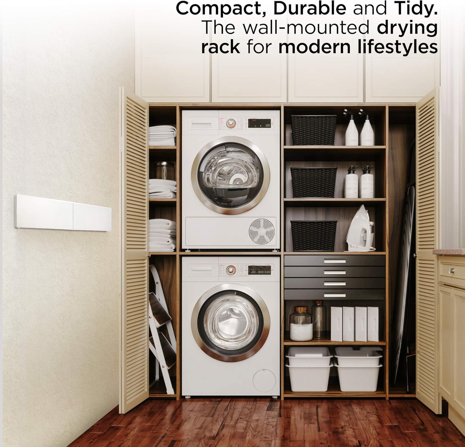 Step Up Laundry Drying Rack (28-INCH White), Wall Mounted, Retractable Clothes Drying Rack, 40lbs Capacity, 11.6 Linear Ft, with Wall Template and Long Screwdriver Bit - Image 5