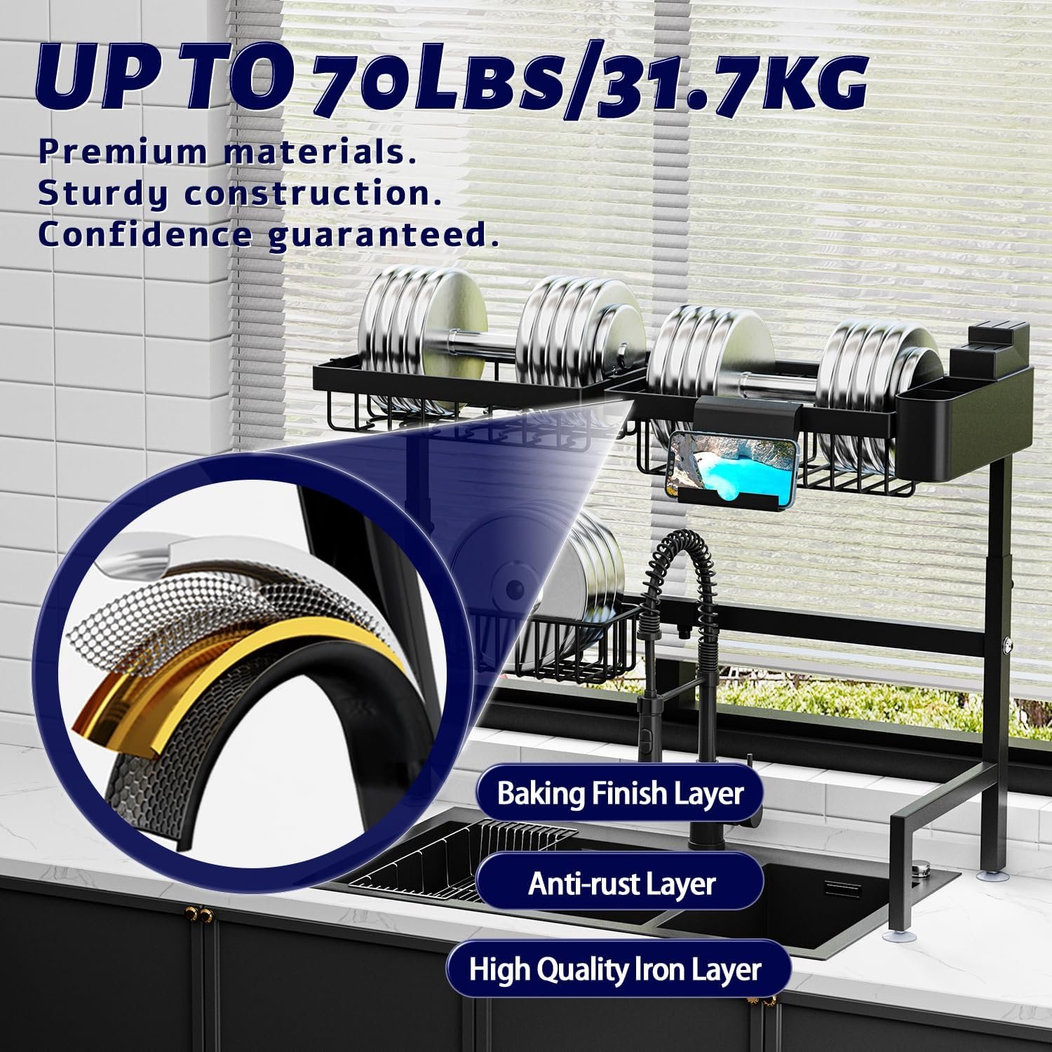 ADBIU Over The Sink Dish Drying Rack (Expandable Height and Length) Snap-On Design 2 Tier Large Dish Rack - Image 7