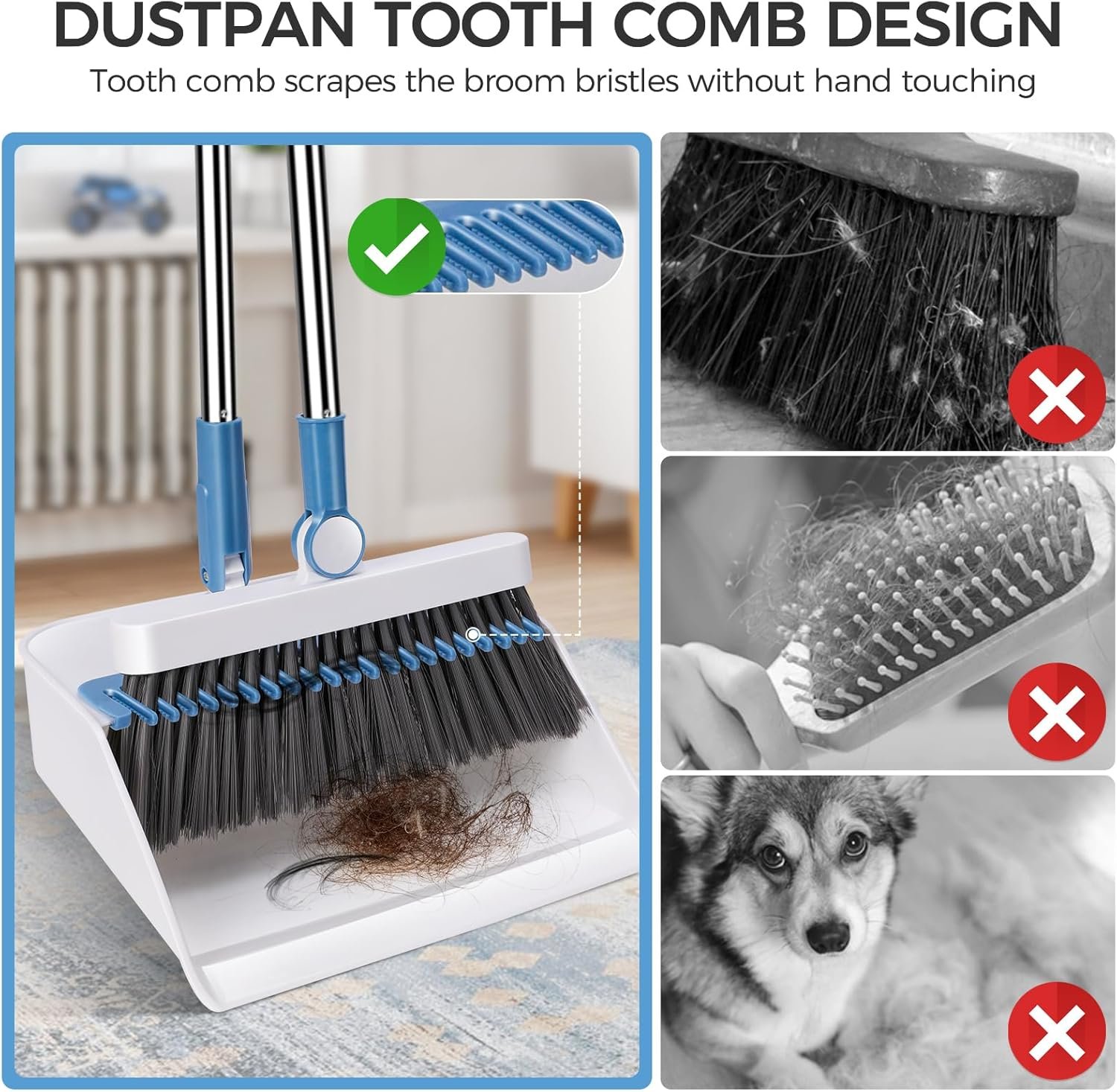 Broom and Dustpan Set,Masthome Long Handle Broom and Dustpan Set,Squeegee Broom and Brooms for Sweeping Indoor Set,Broom with Stand Up Dustpan Combo Set for Home, Office, Lobby (Blue+White) - Image 5