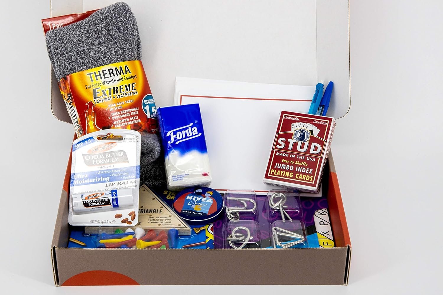 Get Well Soon Gifts for Men Beat the Boredom Box Activities Gift Basket Non Food Tricky Triangle Game Metal Brain Benders Crossword and Word Find Playing Cards Thermal Socks Lip Balm Hand Cream Tissue - Image 5