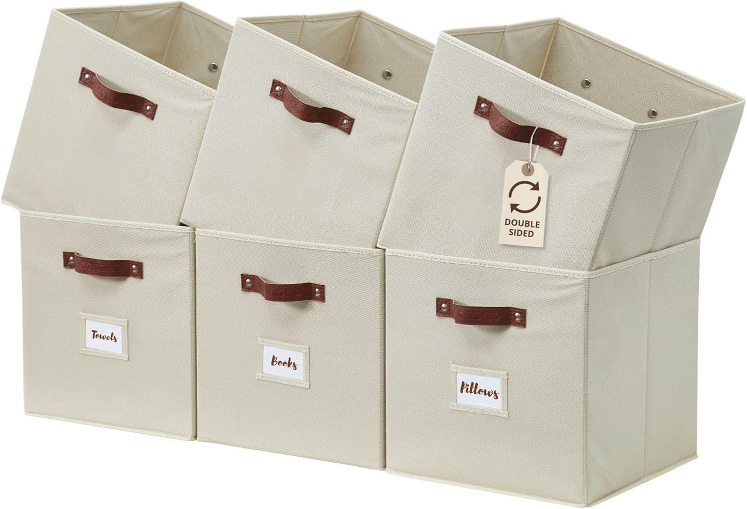 DECOMOMO Storage Bins, Cube Storage Bin with Labels, Fabric Storage Cubes for Shelves (10.5" x 11" / 6pcs, Beige) - Image 2