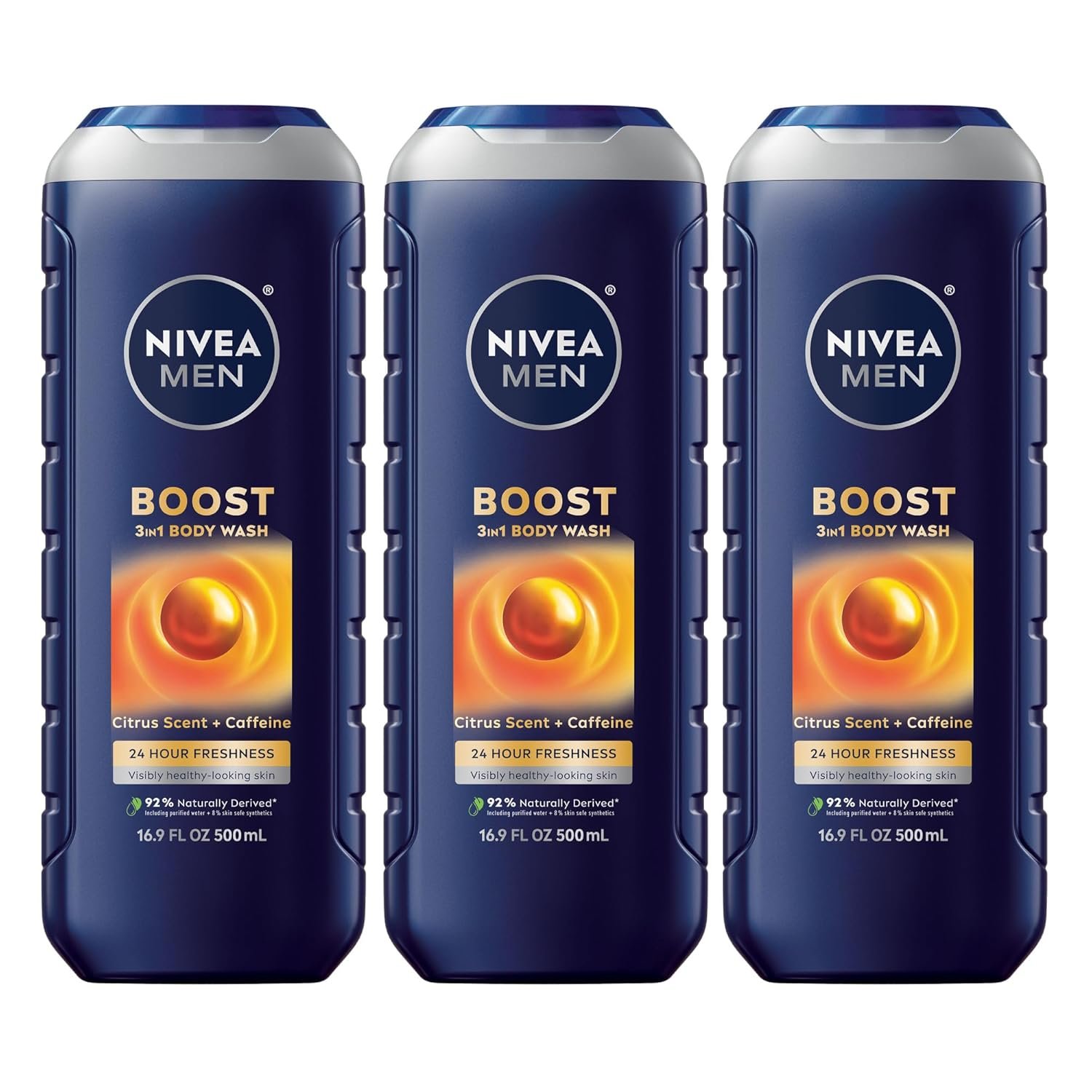 NIVEA MEN Boost Body Wash, Citrus Scent and Caffeine Enriched, 3-in-1 Men's Body Wash, Face and Hair, Paraben Free, Vegan Formula, 16.9 Fl Oz Bottle, Pack of 3 - Image 2