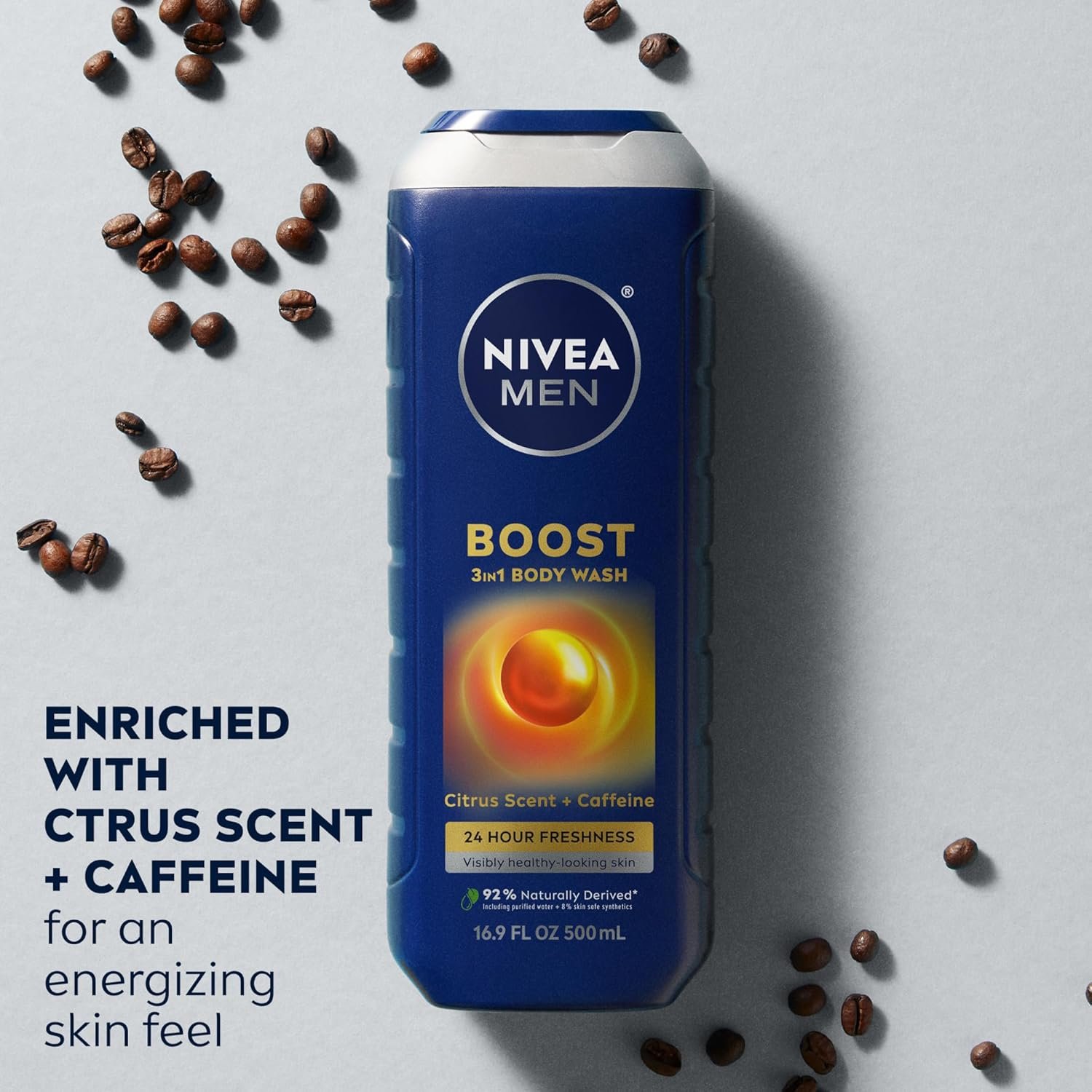 NIVEA MEN Boost Body Wash, Citrus Scent and Caffeine Enriched, 3-in-1 Men's Body Wash, Face and Hair, Paraben Free, Vegan Formula, 16.9 Fl Oz Bottle, Pack of 3 - Image 4