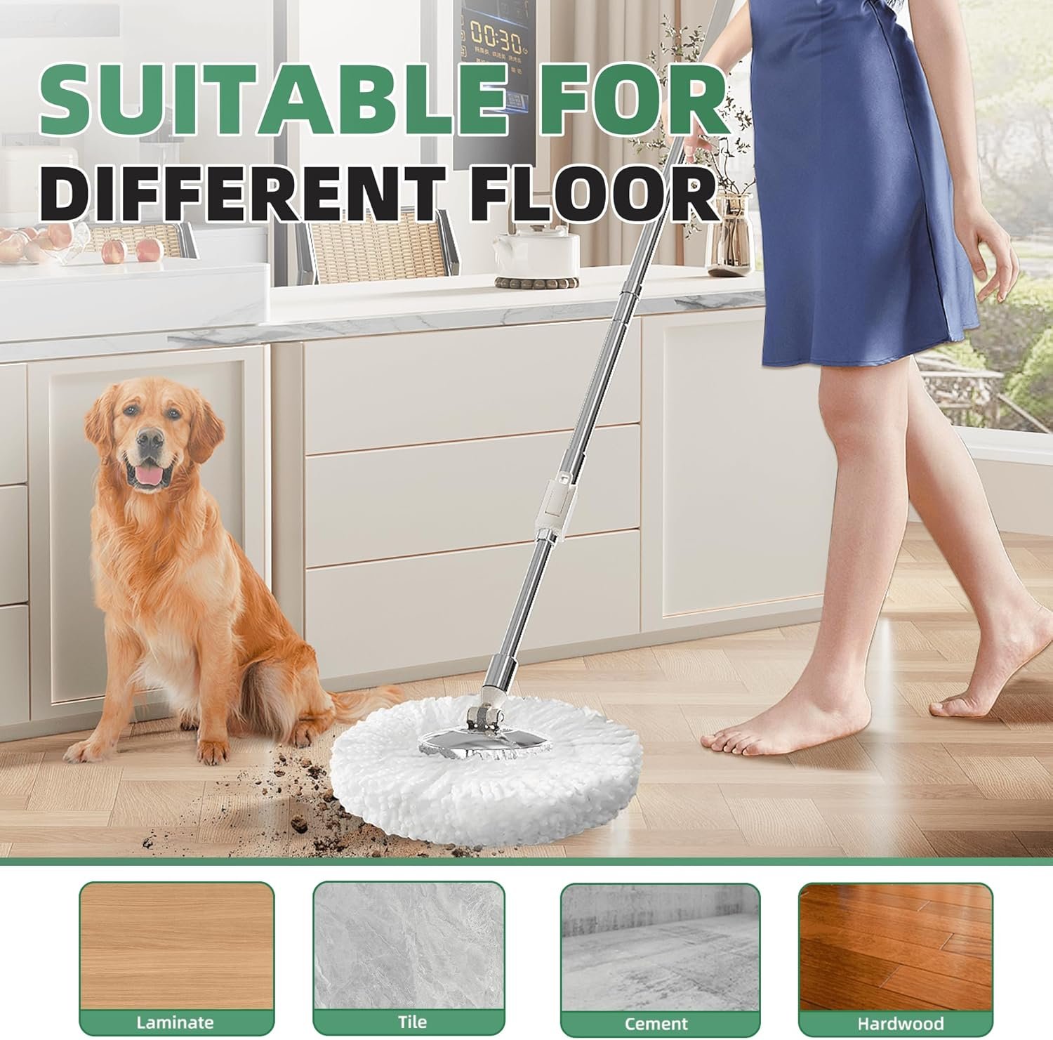 Spin Mop and Bucket Set for Cleaning Extra Refills Microfiber Heads, Colorful Spin Mop and Bucket 360 Rotatable Adjustable Cleaning Mop (Green) - Image 7
