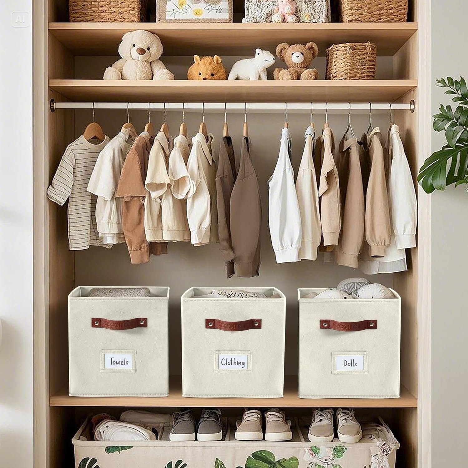 DECOMOMO Storage Bins, Cube Storage Bin with Labels, Fabric Storage Cubes for Shelves (10.5" x 11" / 6pcs, Beige) - Image 5