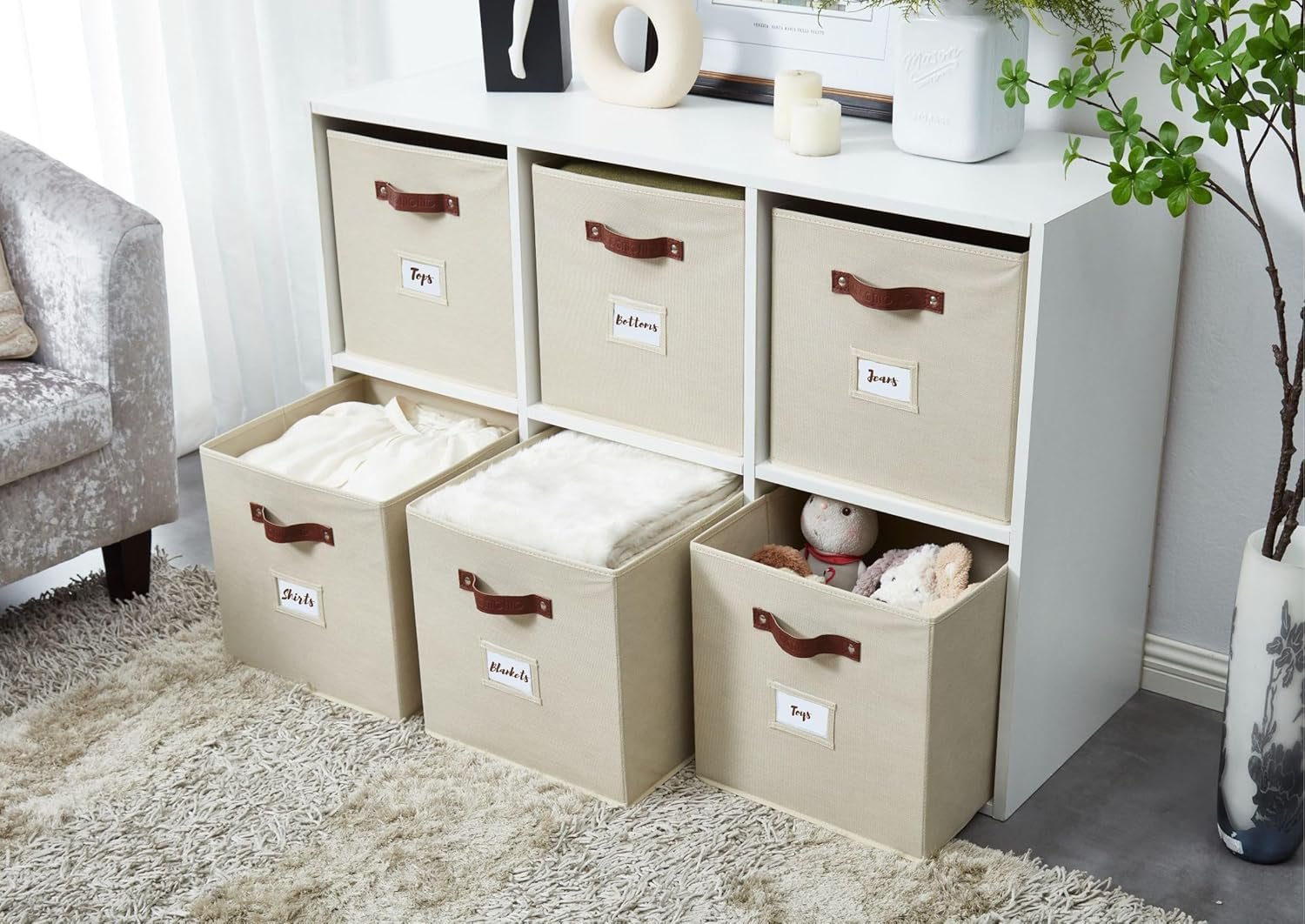 DECOMOMO Storage Bins, Cube Storage Bin with Labels, Fabric Storage Cubes for Shelves (10.5" x 11" / 6pcs, Beige) - Image 10