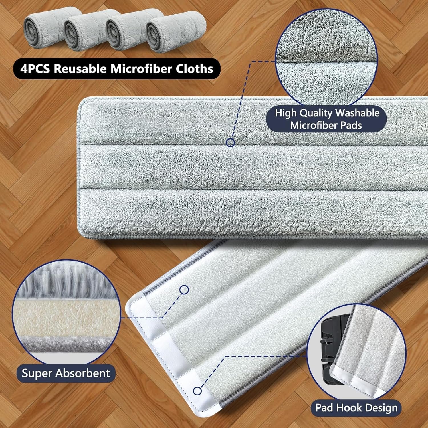 Mop and Bucket with Wringer Set for Home, 3-Chamber Separate Dirty Clean Water Flat Spin Mop and Bucket Set for Wet Dry Floor Wall Mops Hands Free Automatic Clean 60in Handle with 4 Microfiber Pads - Image 6