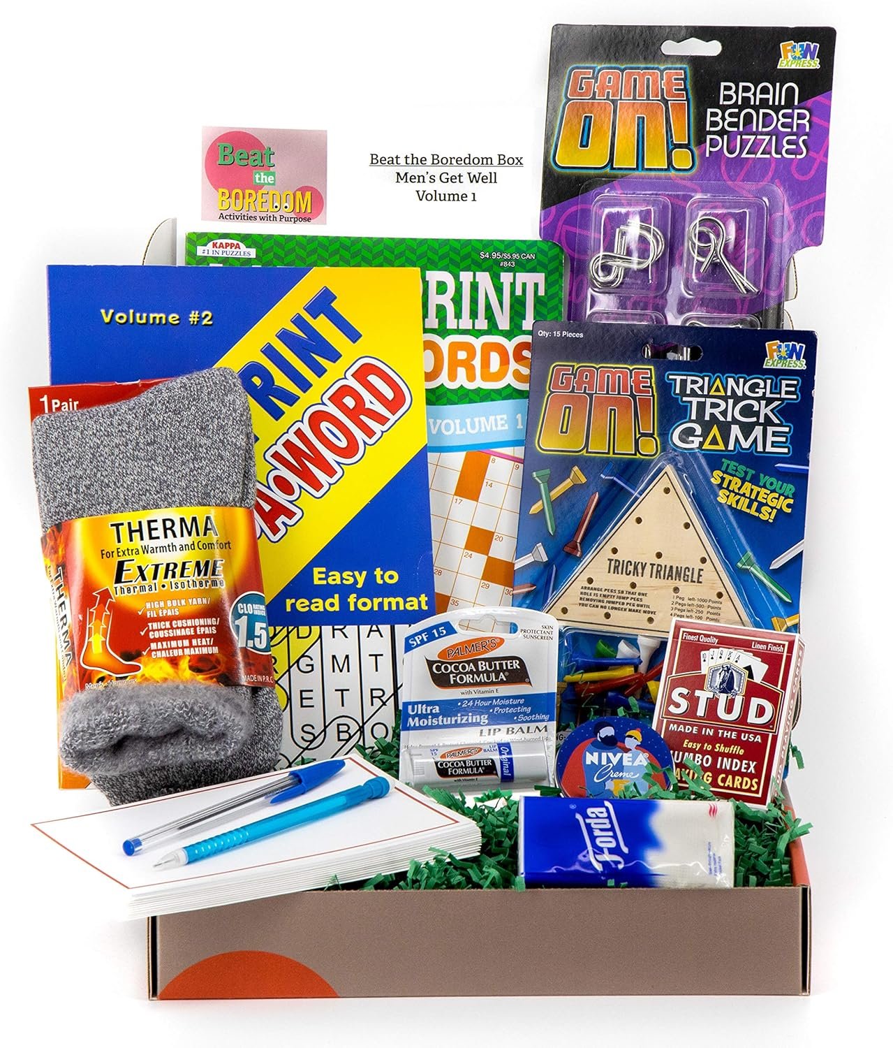 Get Well Soon Gifts for Men Beat the Boredom Box Activities Gift Basket Non Food Tricky Triangle Game Metal Brain Benders Crossword and Word Find Playing Cards Thermal Socks Lip Balm Hand Cream Tissue - Image 2