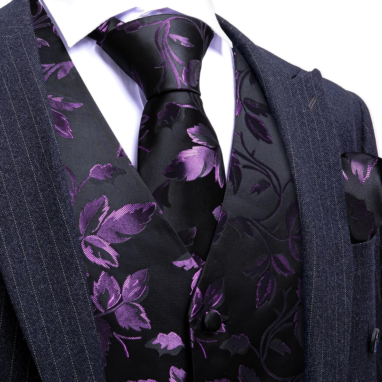 Barry.Wang Formal Men Flower Vest Paisley Jacquard Silk Ties Suit Waistcoat Set Wedding 5PCS - Image 3