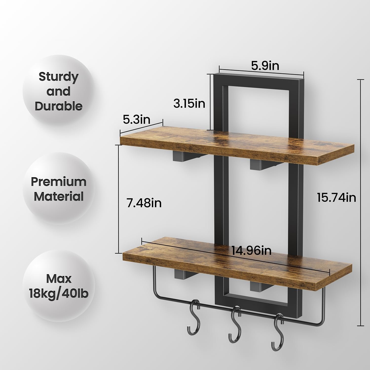 Floating Shelves for Wall Set of 2, Wood Wall Shelf with 6 Hooks, 2 Tier Hanging Decorative Storage Shelves for Living Room Bedroom Bathroom Kitchen Office Coffee Bar, Rustic Brown - Image 3