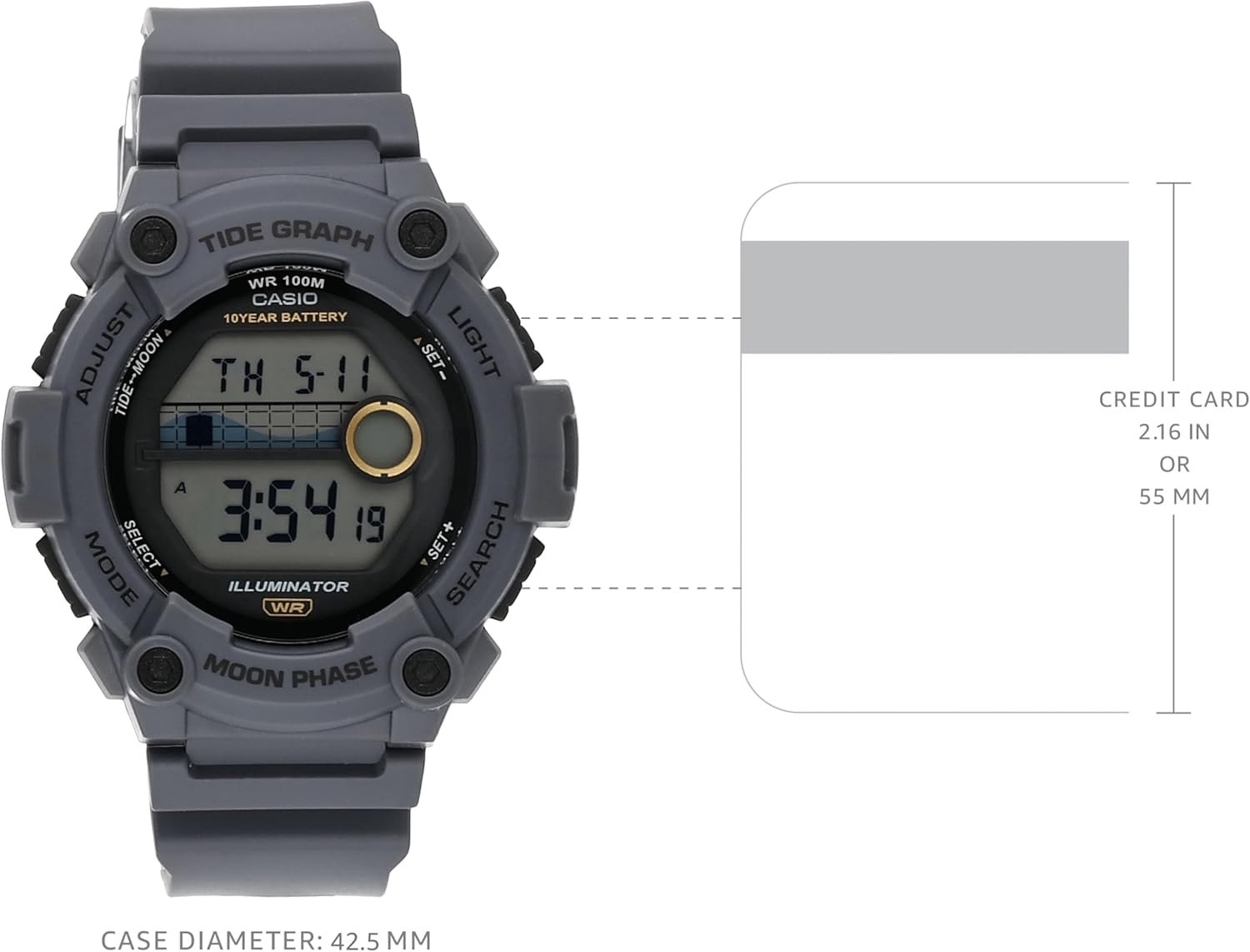 Casio WS1300H Series | Digital Watch | 100 Meter Water Resistance | LED Backlight | 1/100 SEC Stopwatch | Tide Graph | Coundtown Timer | LED Light | Multi Function Alarms | 10 Year Battery - Image 5