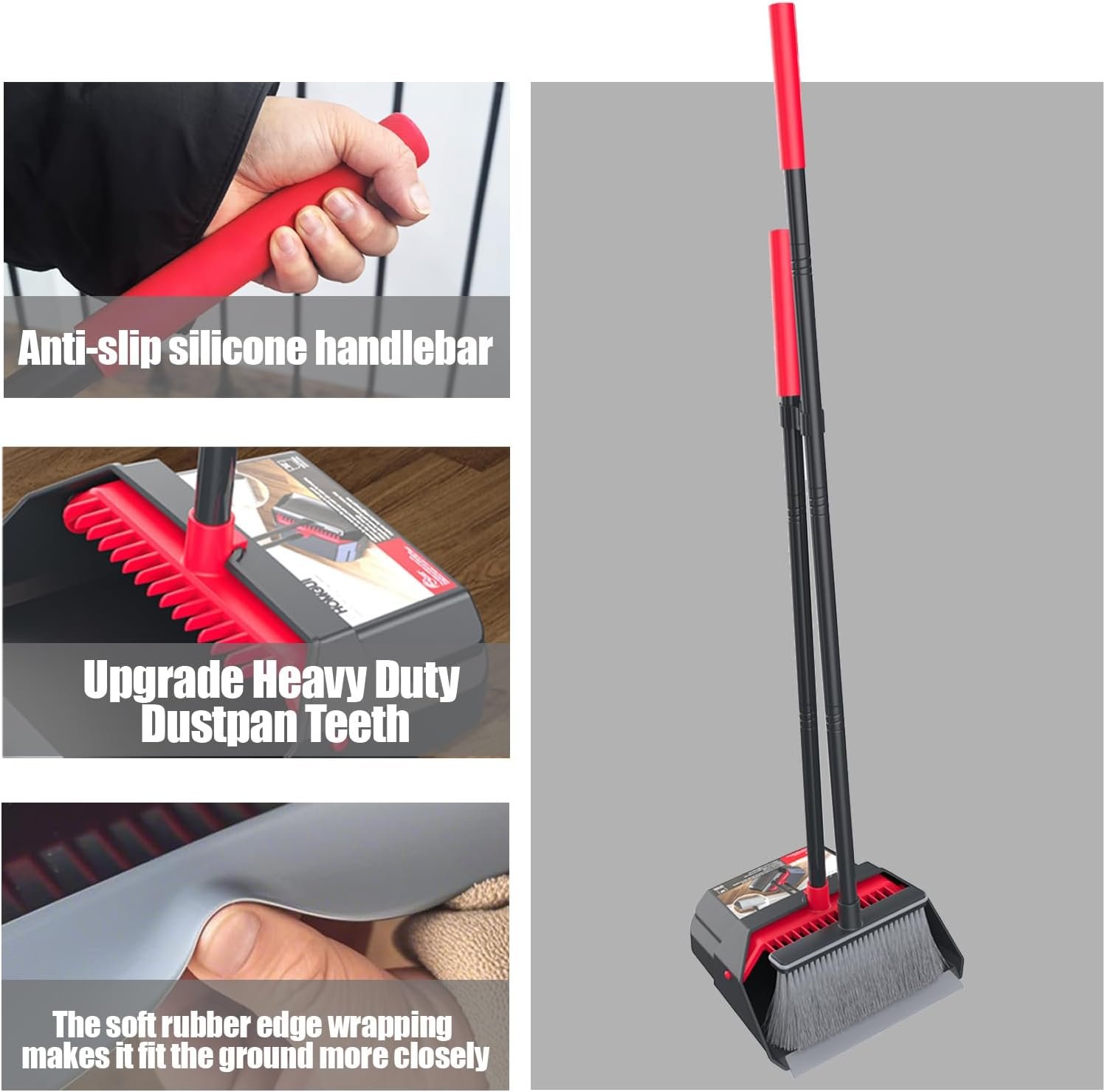 Broom with Dustpan Combo Set, Dust Pans with Long Handle, Brooms with Dustpan, Dust Pan Broom Kit for Home Kitchen & Yard Outside Sweeping(Gray&Red) - Image 4