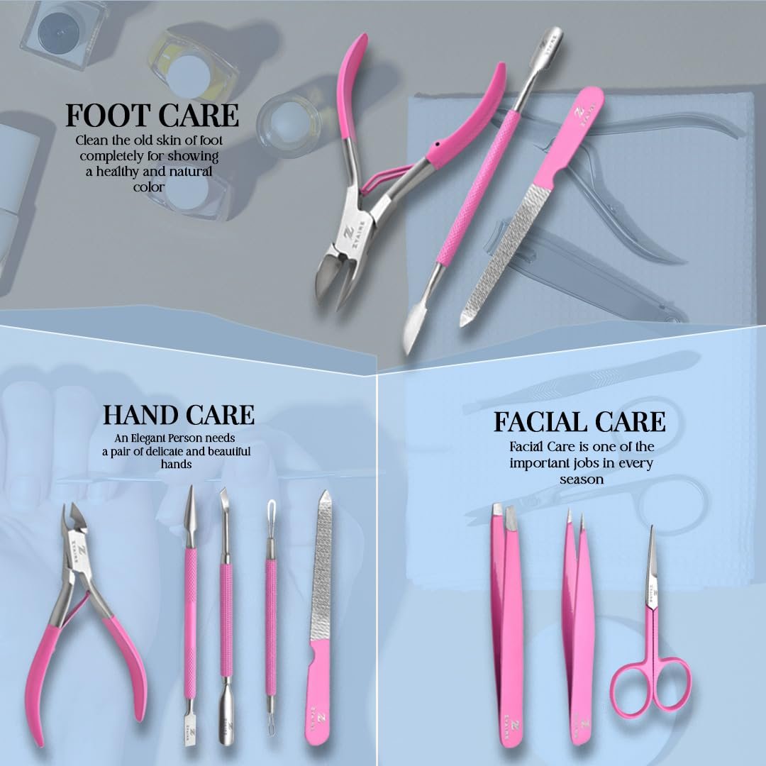Manicure Pedicure Set - 10-in-1 Stainless Steel Grooming Kit, Personal Care Tools, Nail Nipper, Cuticle Cutter, Scissors, Tweezers, Blackhead Remover, Nail File & Case (Pink) - Image 9