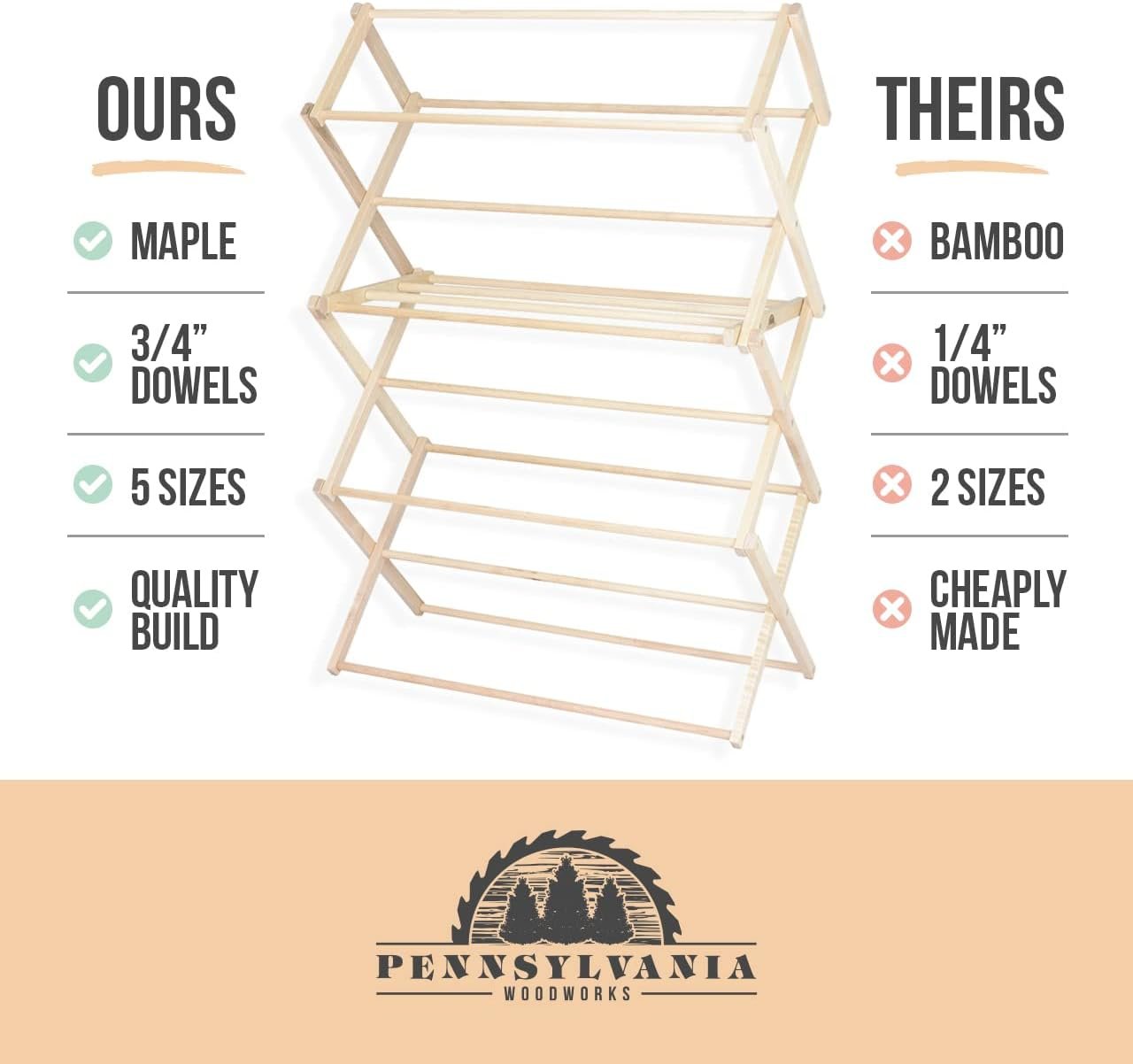 Pennsylvania Woodworks Clothes Drying Rack: Solid Maple Hardwood Laundry Rack for Bedding, Blankets, Towels & More, Heavy Duty, Folding Drying Rack Made in USA, No Assembly Needed, Extra Large - Image 9