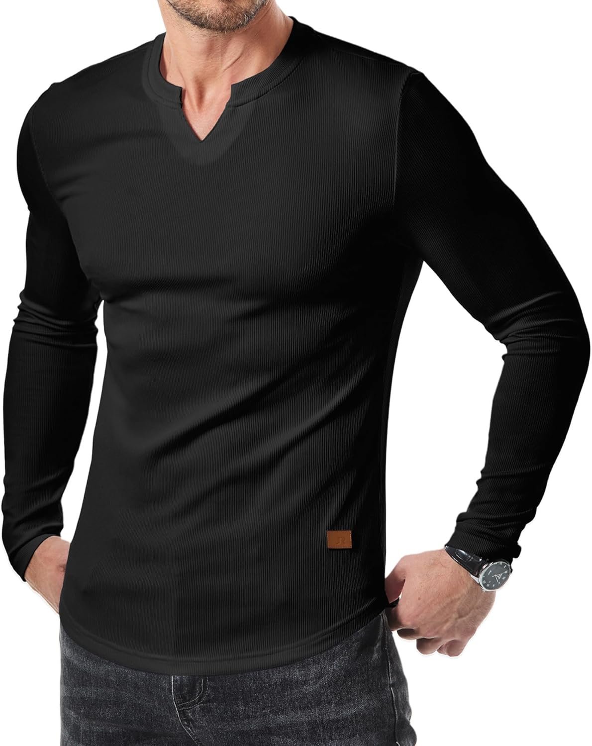 JMIERR Mens Long Sleeve Muscle T Shirts Casual V-Neck Longline Ribbed Tee Shirts - Image 2