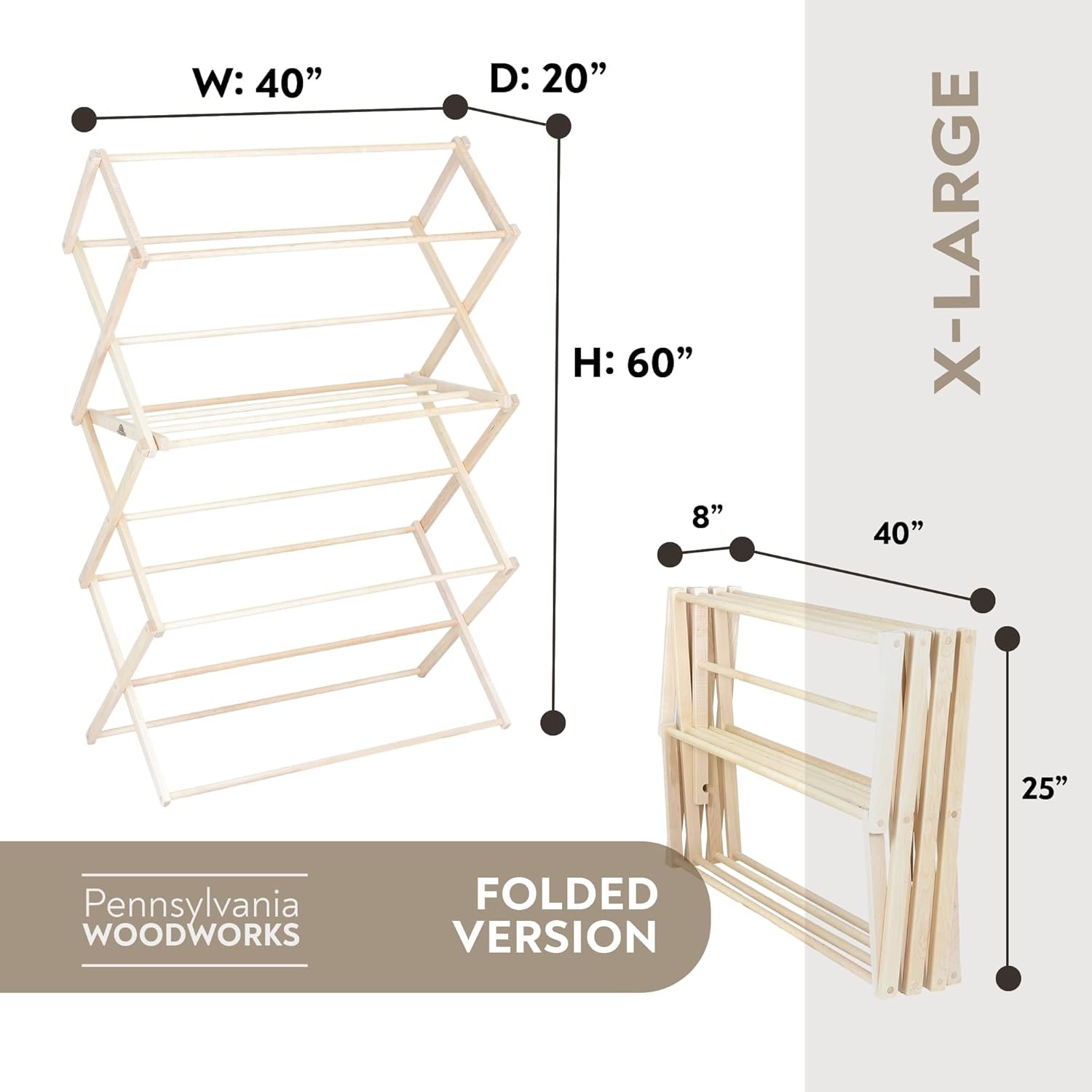 Pennsylvania Woodworks Clothes Drying Rack: Solid Maple Hardwood Laundry Rack for Bedding, Blankets, Towels & More, Heavy Duty, Folding Drying Rack Made in USA, No Assembly Needed, Extra Large - Image 4