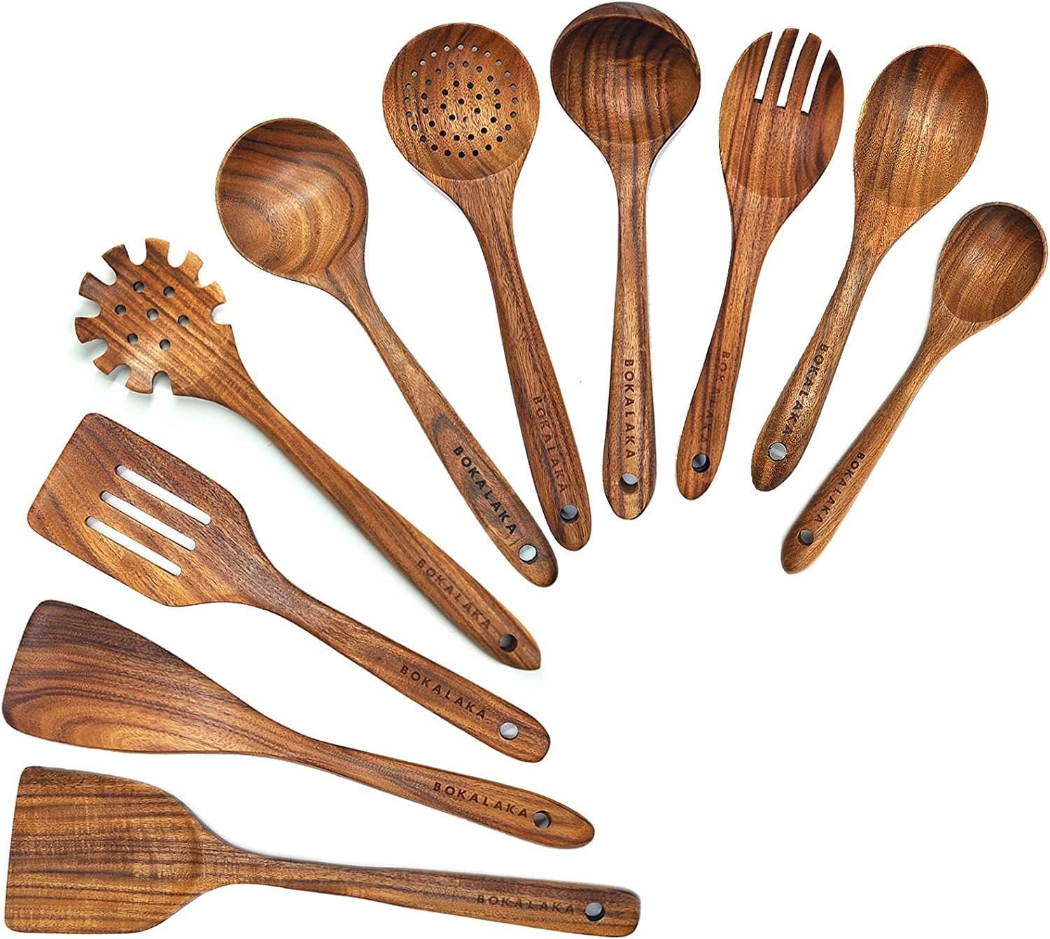 Wooden Spoons for Cooking,10 Pcs Natural Teak Wooden Kitchen Utensils Set Wooden Utensils for Cooking Wooden Cooking Utensils Wooden Spatulas for Cooking - Image 2