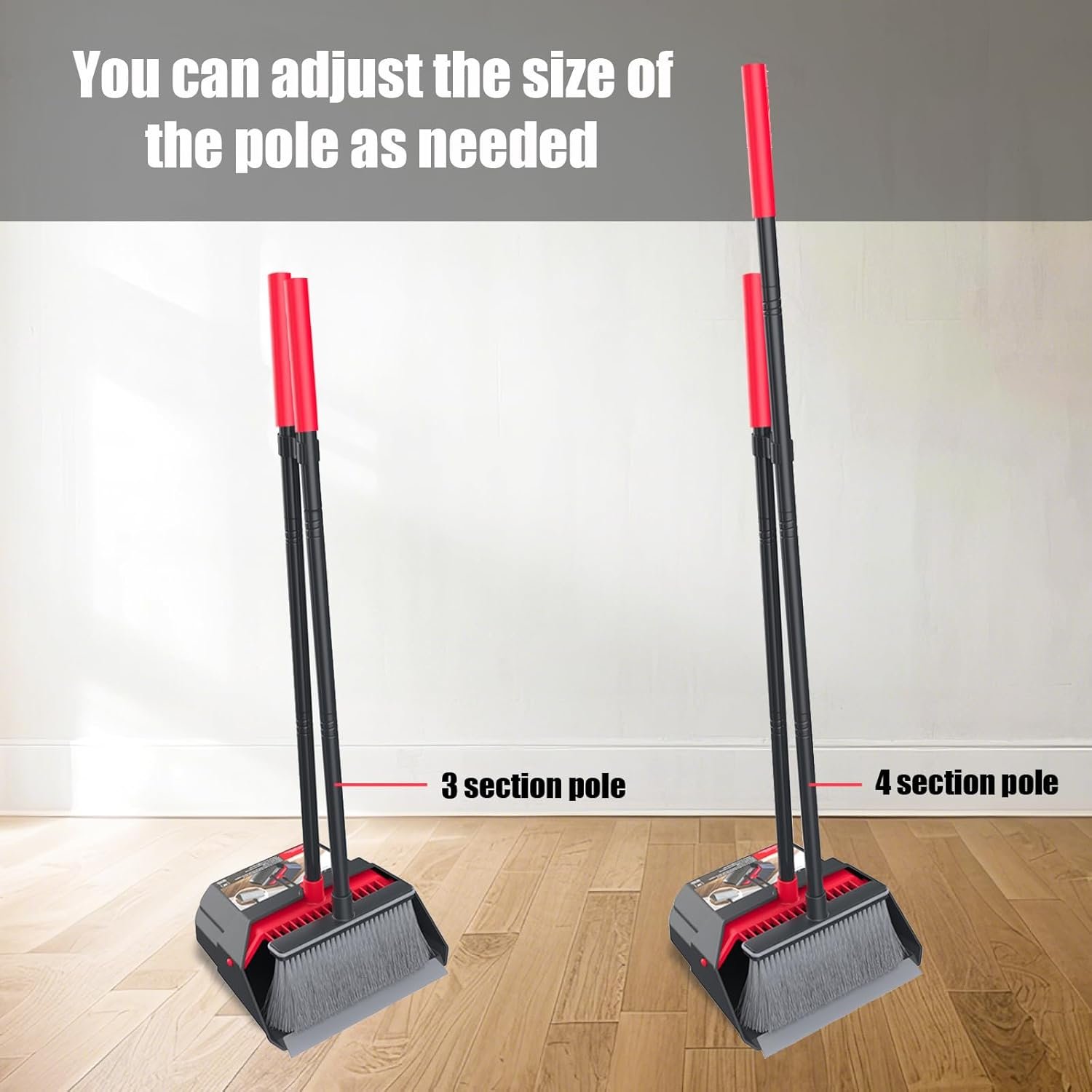 Broom with Dustpan Combo Set, Dust Pans with Long Handle, Brooms with Dustpan, Dust Pan Broom Kit for Home Kitchen & Yard Outside Sweeping(Gray&Red) - Image 5