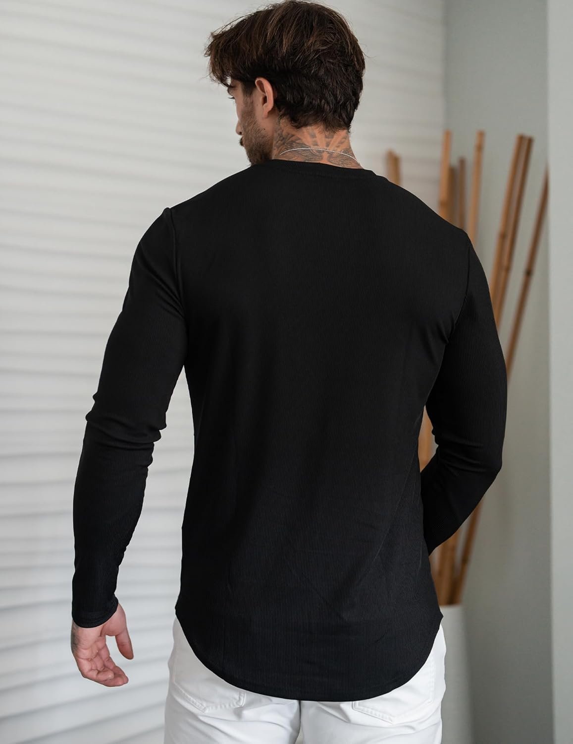 JMIERR Mens Long Sleeve Muscle T Shirts Casual V-Neck Longline Ribbed Tee Shirts - Image 5