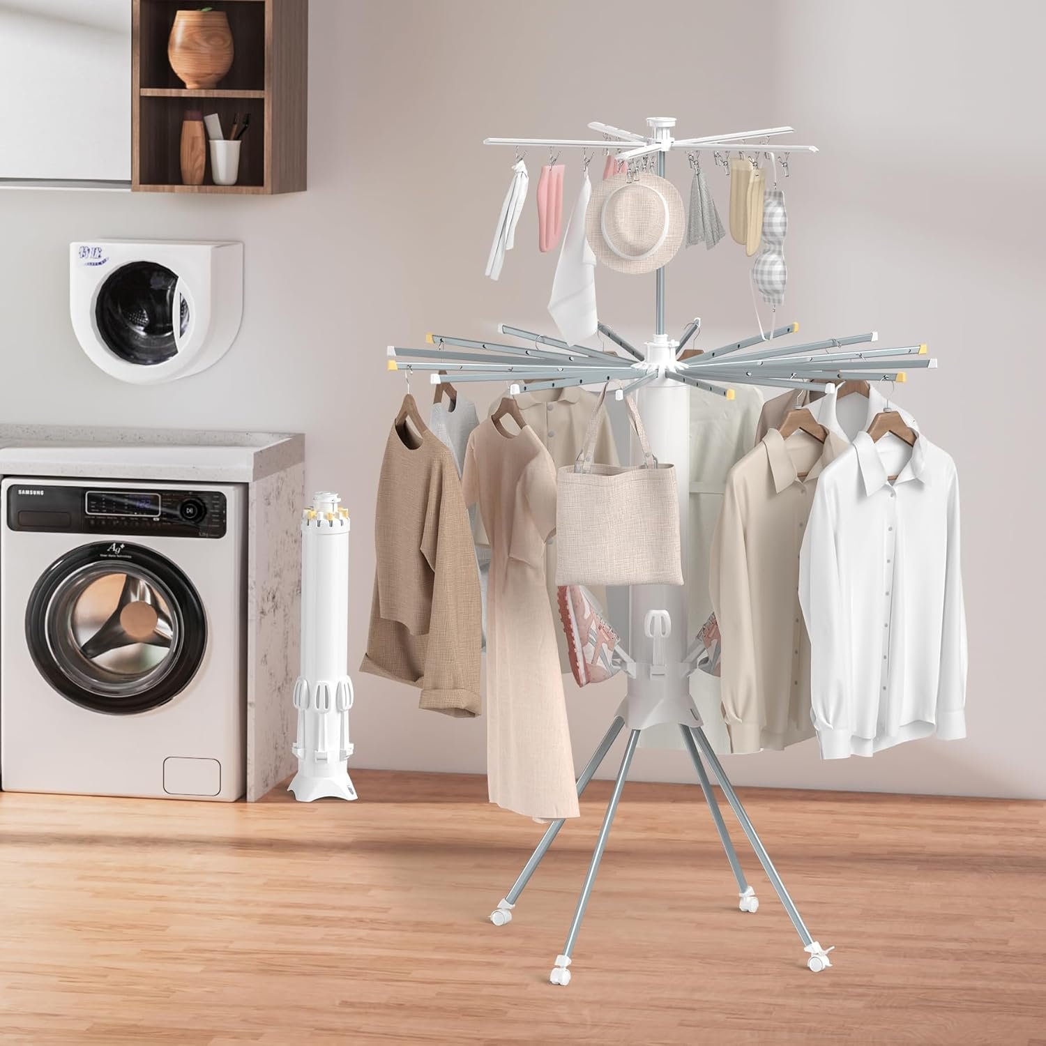 Clothes Drying Rack Foldable, 4-Legged Laundry Drying Rack Collapsible, Clothing Drying Rack with 4 Pulleys, 3-Tier Collapsible Drying Racks for Laundry and Shoes - Image 5