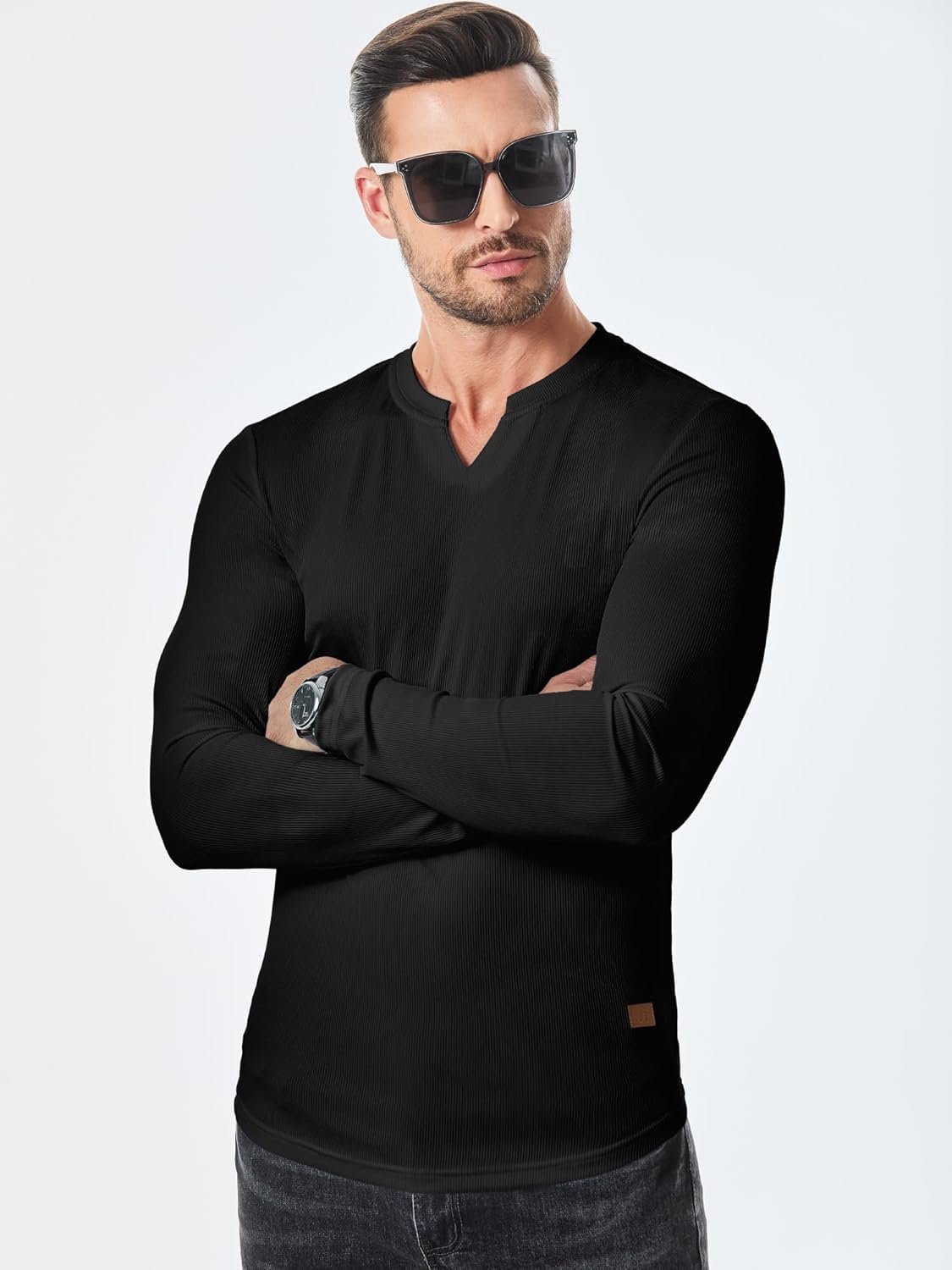 JMIERR Mens Long Sleeve Muscle T Shirts Casual V-Neck Longline Ribbed Tee Shirts - Image 3