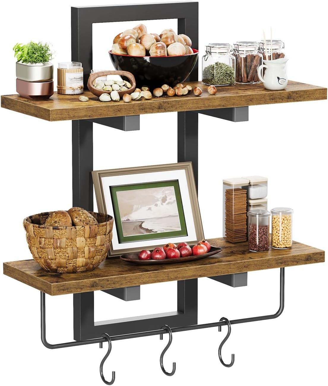 Floating Shelves for Wall Set of 2, Wood Wall Shelf with 6 Hooks, 2 Tier Hanging Decorative Storage Shelves for Living Room Bedroom Bathroom Kitchen Office Coffee Bar, Rustic Brown - Image 4