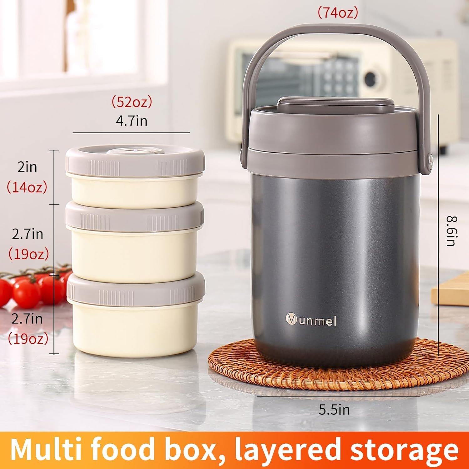 Adults Lunch Vacuum Soup Thermos For Hot Food with Inserts Stackable Bento Box Storage Container,Width Mouth Stainless Steel Portable Insulated Food Jar (grey, 74 oz) - Image 6