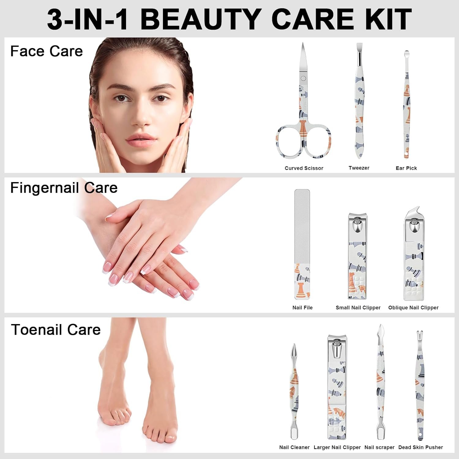 Manicure Set Nail Clippers Kit Professional Manicure Pedicure Care Tools 10pcs Stainless Steel Men Women Personal Care Grooming kit for Home Travel or Gift (Chess) - Image 3