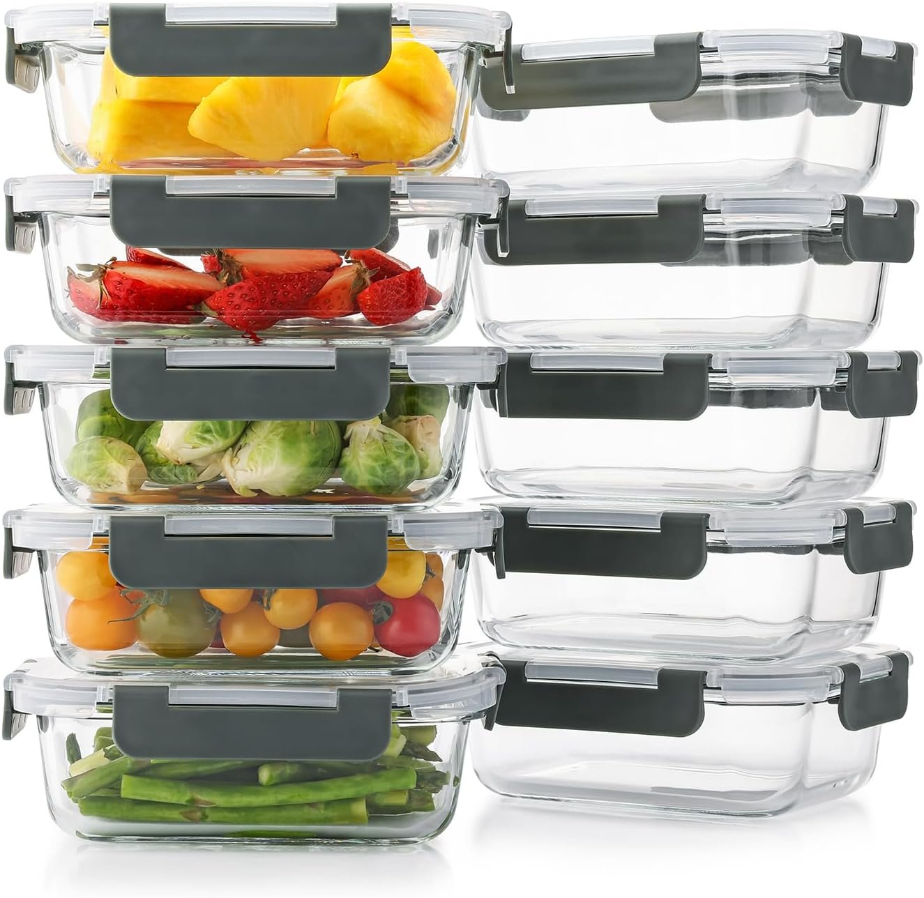 10 Pack 22 Oz Glass Meal Prep Containers with Lids, Reusable Glass Food Storage Containers with Lids, Leak Proof, Microwave, Oven, Freezer and Dishwasher Safe (Gray) - Image 2