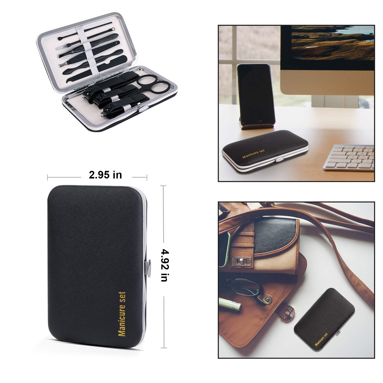 Manicure Set, Travel Mini Nail Clippers Kit Pedicure Care Tools, 10pcs Stainless Steel Grooming kit (Black) - Image 3