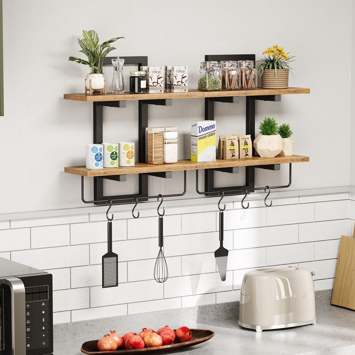 Floating Shelves for Wall Set of 2, Wood Wall Shelf with 6 Hooks, 2 Tier Hanging Decorative Storage Shelves for Living Room Bedroom Bathroom Kitchen Office Coffee Bar, Rustic Brown - Image 8