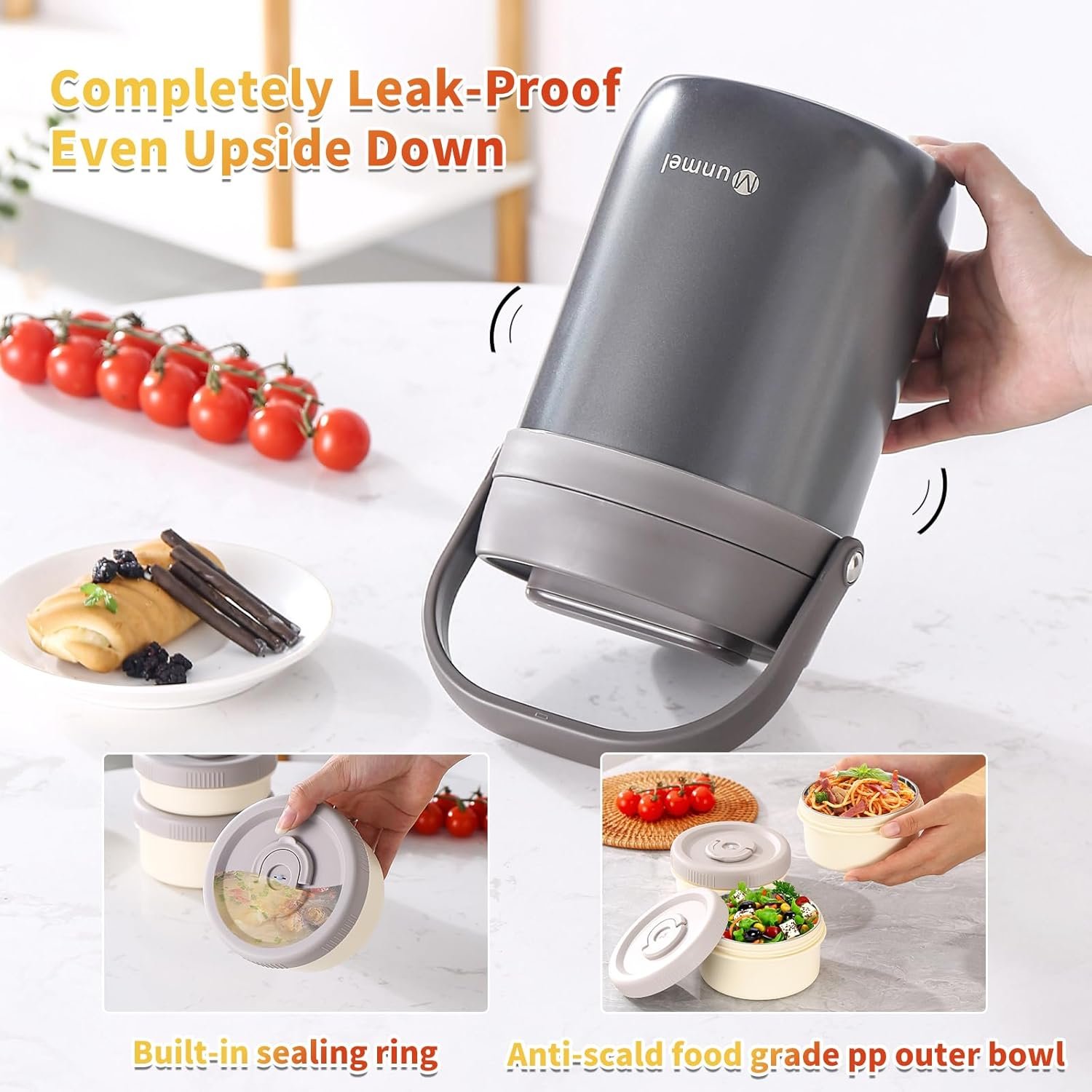 Adults Lunch Vacuum Soup Thermos For Hot Food with Inserts Stackable Bento Box Storage Container,Width Mouth Stainless Steel Portable Insulated Food Jar (grey, 74 oz) - Image 4