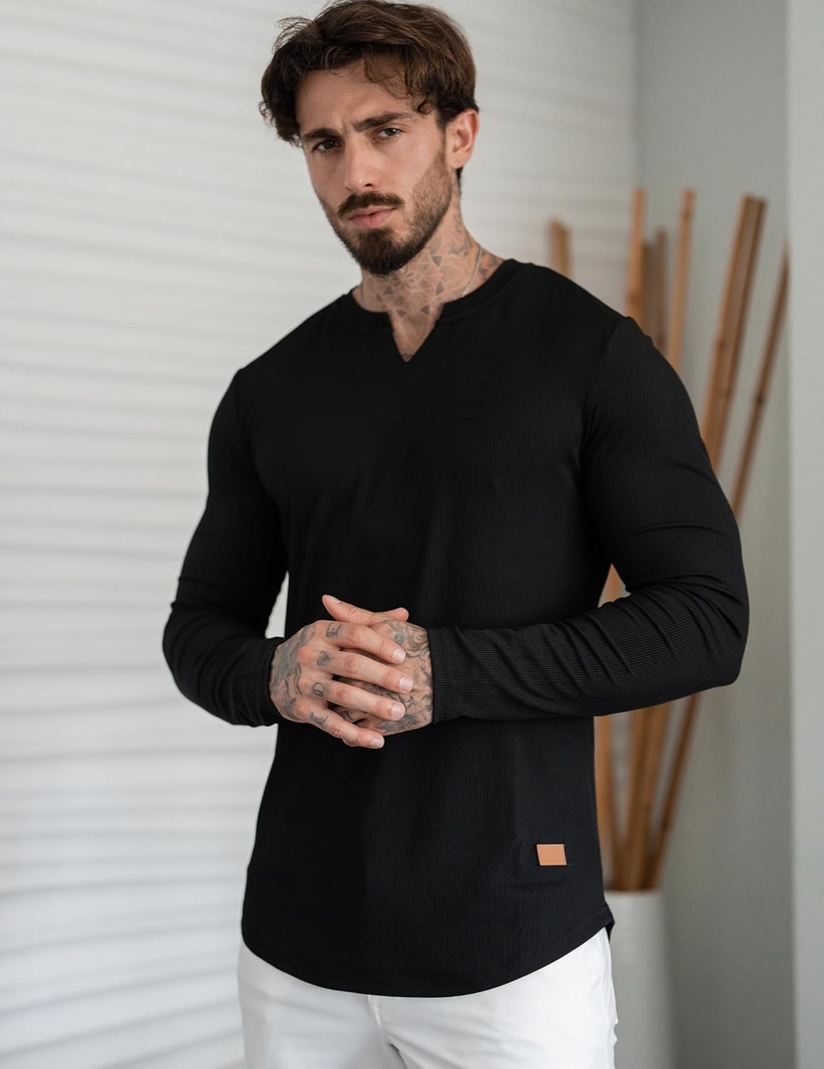 JMIERR Mens Long Sleeve Muscle T Shirts Casual V-Neck Longline Ribbed Tee Shirts - Image 4