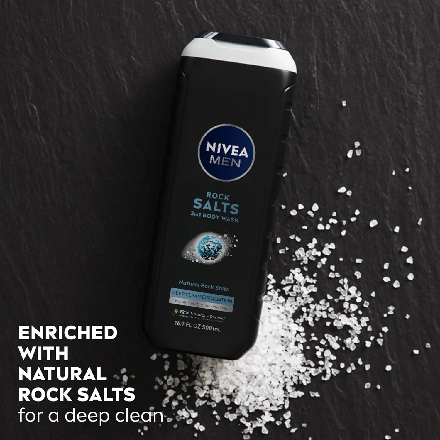 NIVEA Men Deep Clean Rock Salts Body Wash with Scrub Particles and Natural Rock Salt, Exfoliating Body Wash for Men, Cleanses Without Drying Skin, 16.9 Fl Oz Bottle, Pack of 3 - Image 4