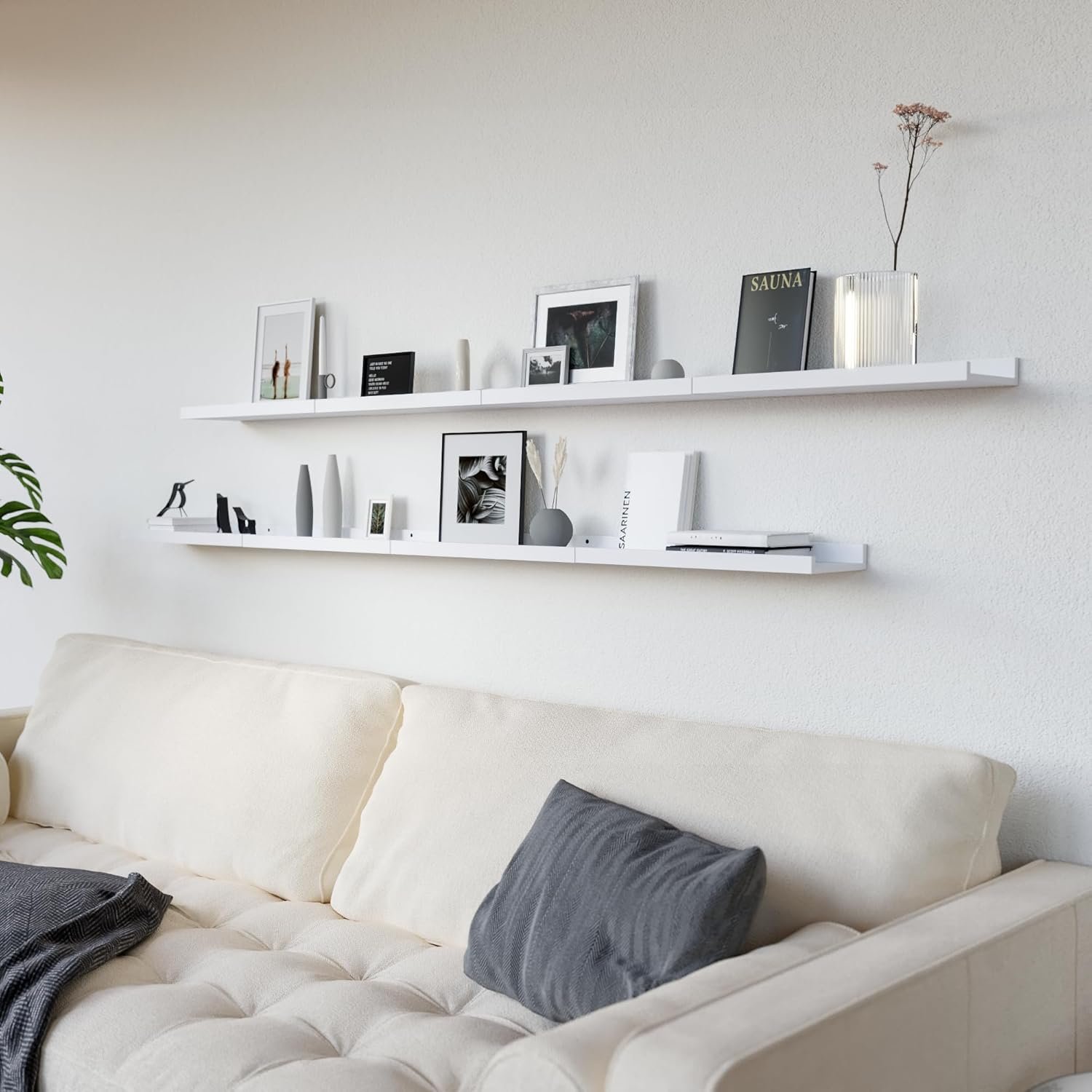 RICHER HOUSE 8 Set Floating Wall Mounted Shelves, Nursery Hanging Book Shelves with Lip for Storage, White Display Picture Ledge Shelf for Bedroom Bathroom Kitchen Living Room Wall Decor, Modern White - Image 6