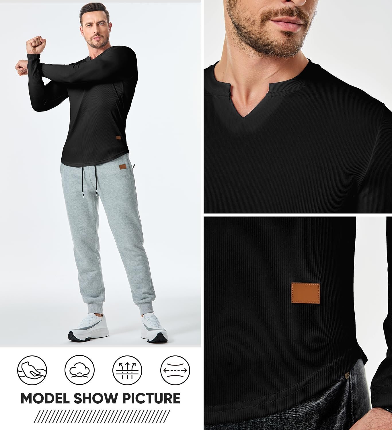 JMIERR Mens Long Sleeve Muscle T Shirts Casual V-Neck Longline Ribbed Tee Shirts - Image 6