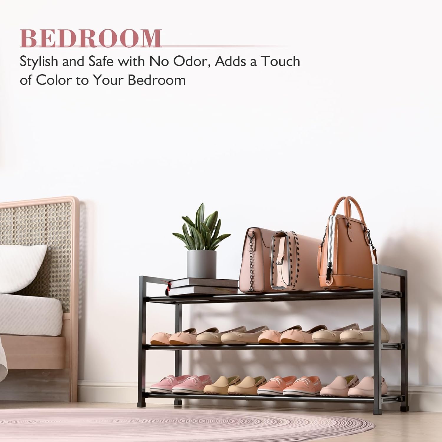 Bumusty 3-Tier Expandable Shoe Rack for Closet, 18“-33” Adjustable Shoe Rack for Small Space, Small Shoe Organizer for Front Door, Sturdy Metal, Black - Image 7