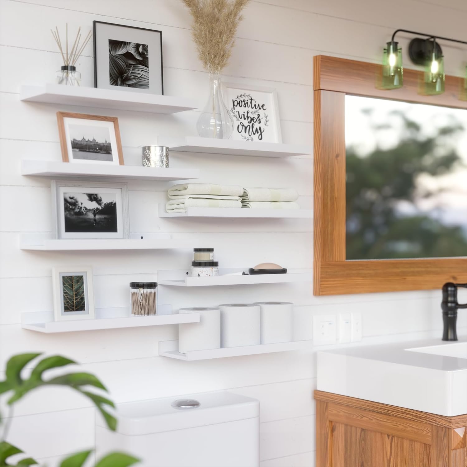 RICHER HOUSE 8 Set Floating Wall Mounted Shelves, Nursery Hanging Book Shelves with Lip for Storage, White Display Picture Ledge Shelf for Bedroom Bathroom Kitchen Living Room Wall Decor, Modern White - Image 7