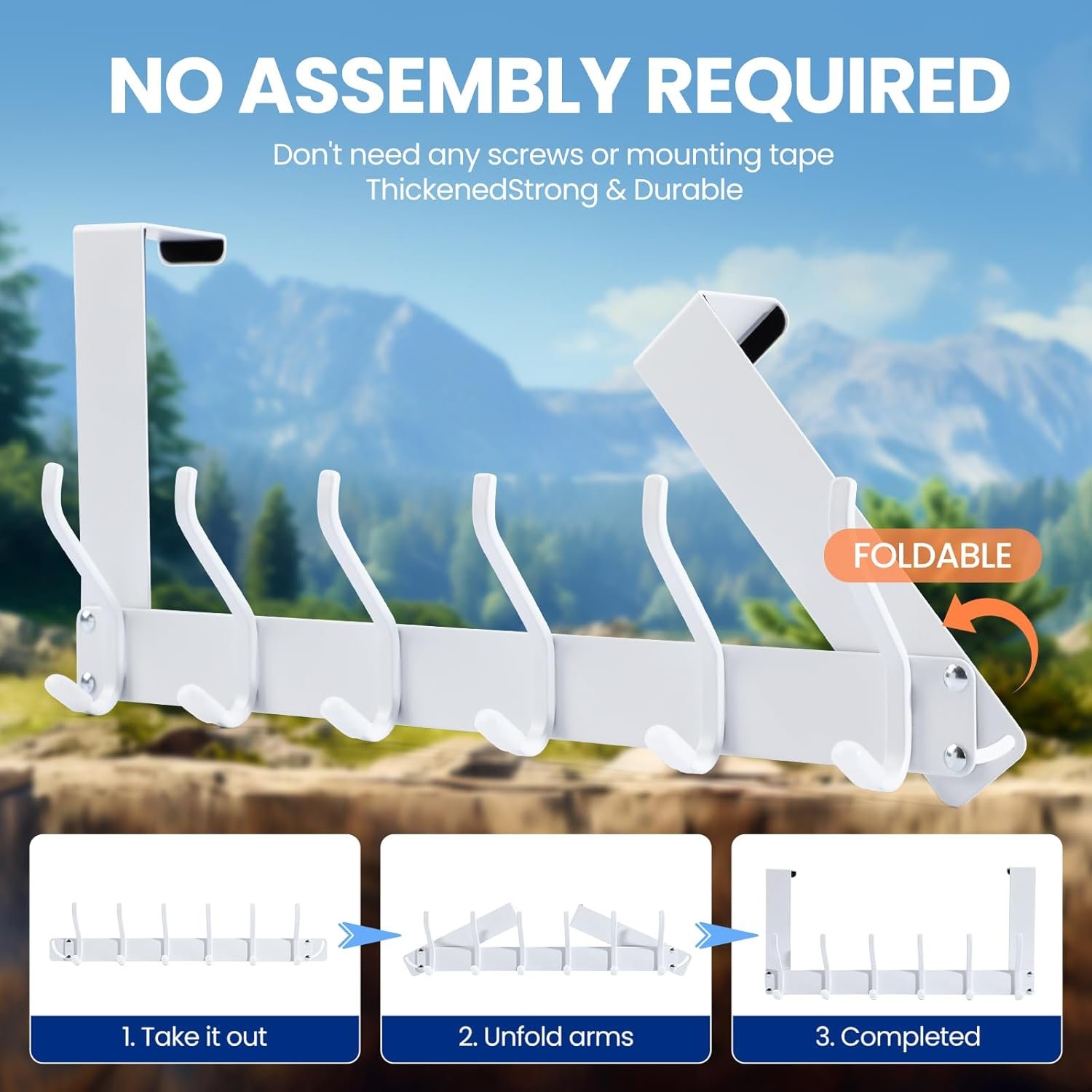 Foldable Over The Door Hooks,No Assembly Required Door Hanger Hook,Sturdy Over The Door Towel Rack,Door Hooks for Hanging Clothes,Towels,Hats,Backpacks,Door Coat Hanger,White - Image 5