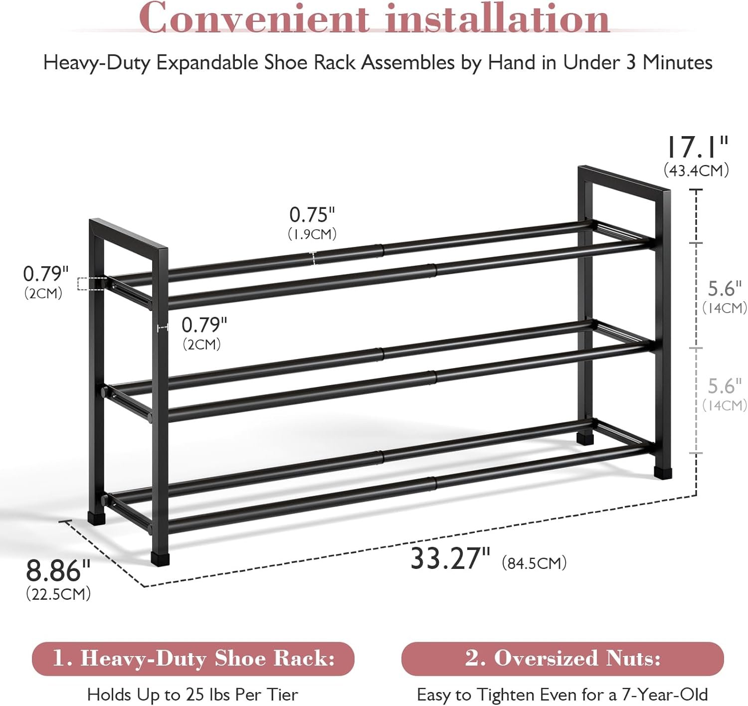Bumusty 3-Tier Expandable Shoe Rack for Closet, 18“-33” Adjustable Shoe Rack for Small Space, Small Shoe Organizer for Front Door, Sturdy Metal, Black - Image 4